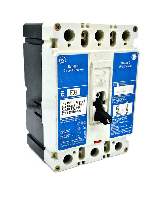 Westinghouse (now Easton) Series C FDB3040 3-pole, 40-amp molded case circuit breaker  600 VAC and 250 VDC