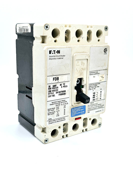 Eaton FDB3030 is a 30-amp, 3-pole molded case circuit breaker  600 VAC and 250 VDC