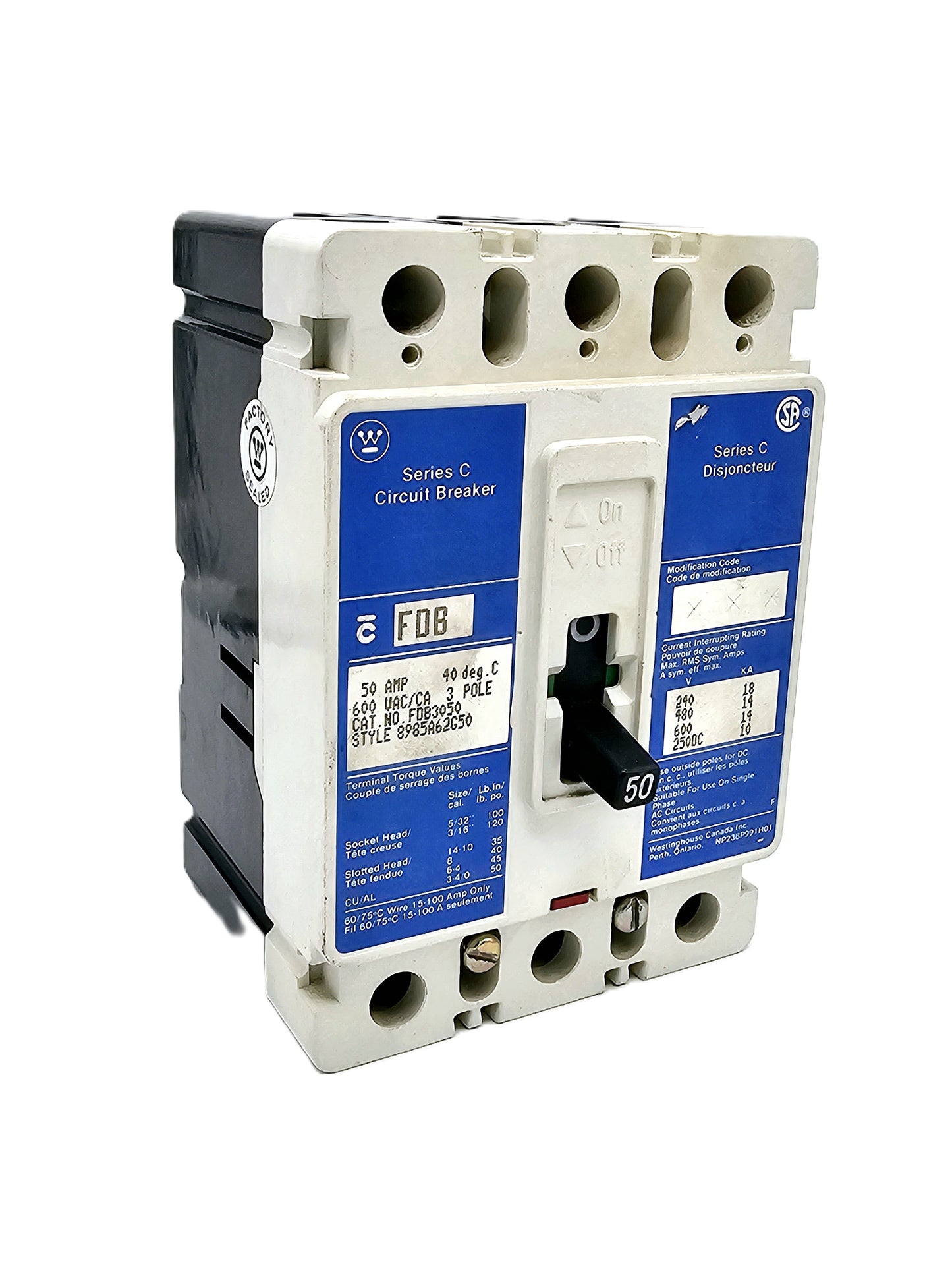 Westinghouse FDB3050 is a 50-amp, 3-pole molded case circuit breaker  600 VAC and 250 VDC