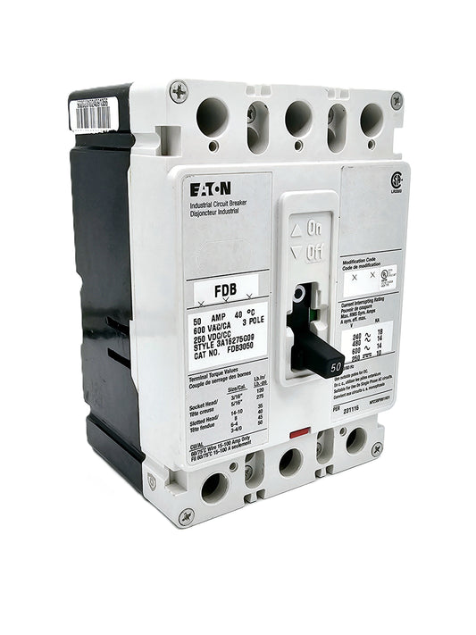 Eaton FDB3050 is a 50-amp, 3-pole molded case circuit breaker 600 VAC and 250 VDC