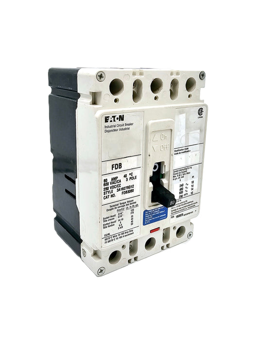 Eaton FDB3080 3-pole, 80-amp molded case circuit breaker 600 VAC and 250 VDC