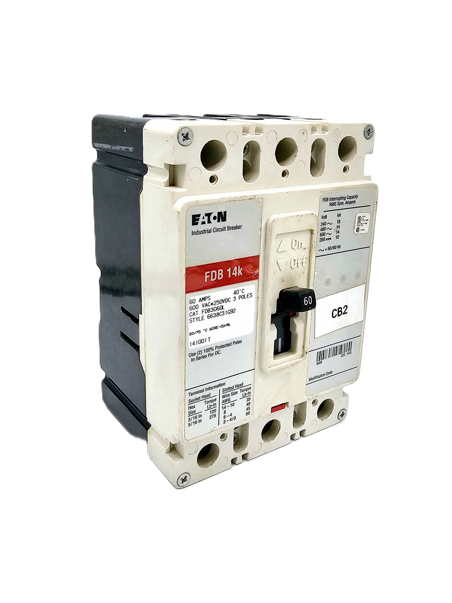 Eaton FDB3060L industrial circuit breaker FDB 14k, Series C / FD-frame  interrupting rating at 600V