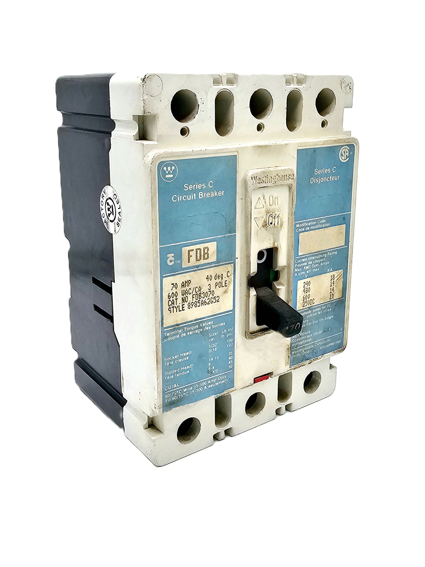 Westinghouse FDB3070 70-amp, 3-pole molded case circuit breaker 600 VAC and 250 VDC