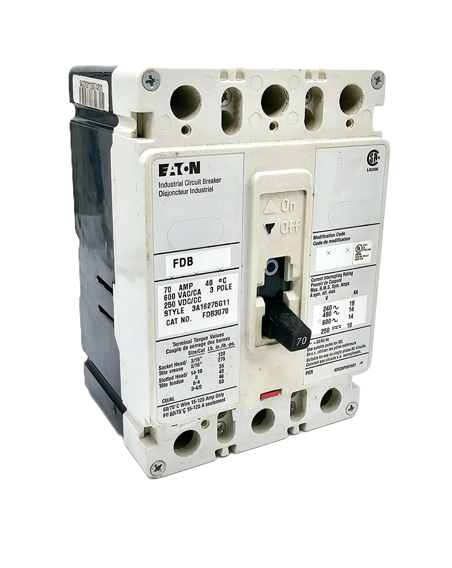 Eaton FDB3070 Series C is a 70-amp, 3-pole molded case circuit breaker  600 VAC and 250 VDC,