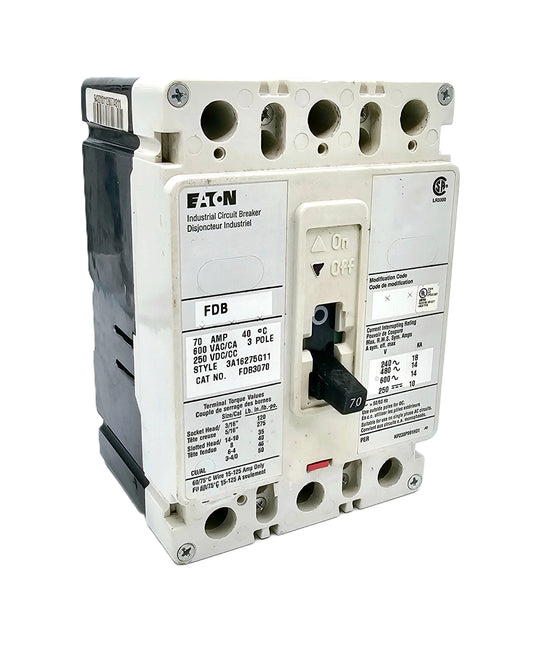 Eaton FDB3070 Series C is a 70-amp, 3-pole molded case circuit breaker  600 VAC and 250 VDC,