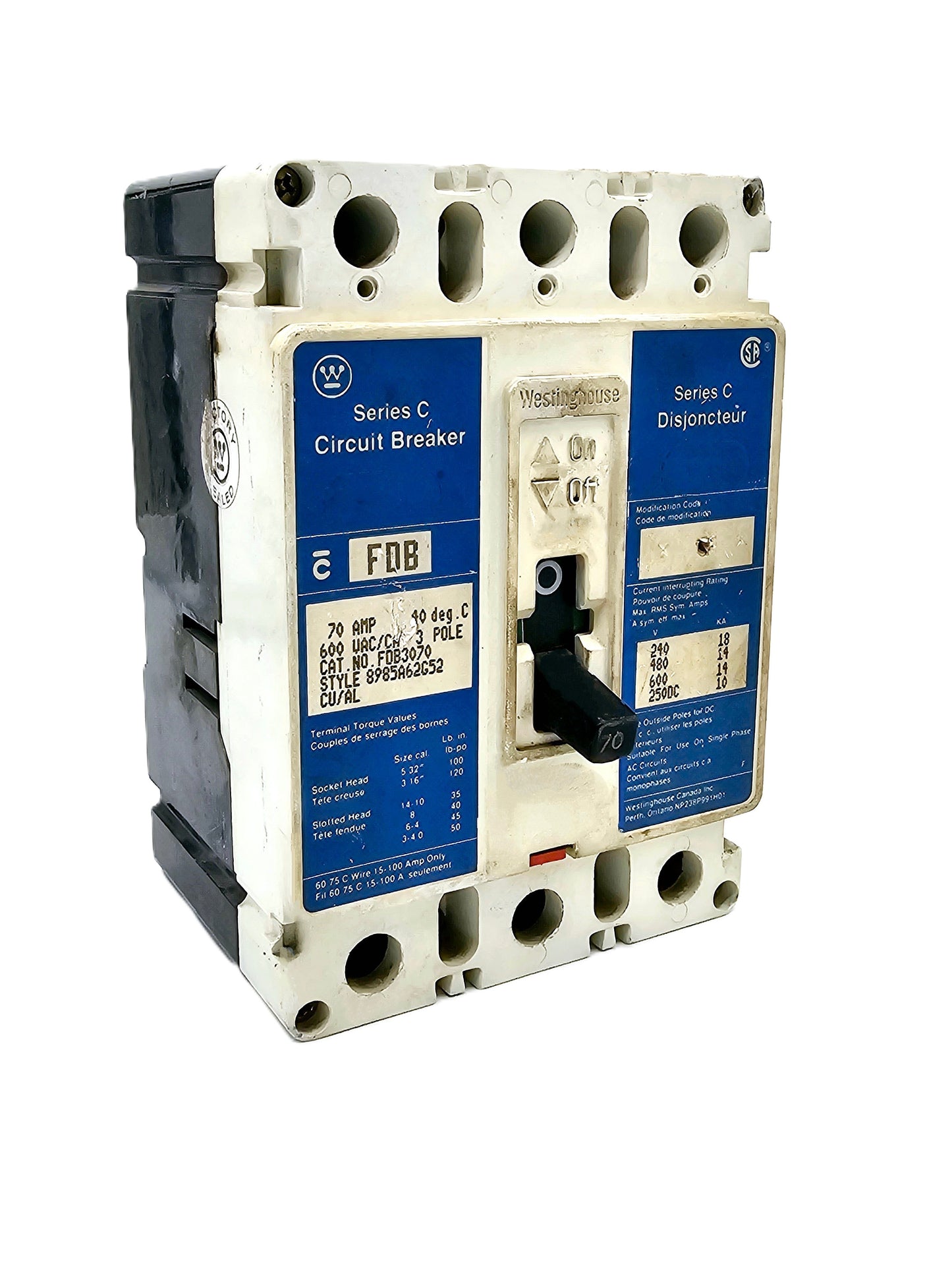 Westinghouse FDB3070 is a 70-amp, 3-pole molded case circuit breaker 600 VAC and 250 V  FD-frame Series C thermal-magnetic trip unit DC