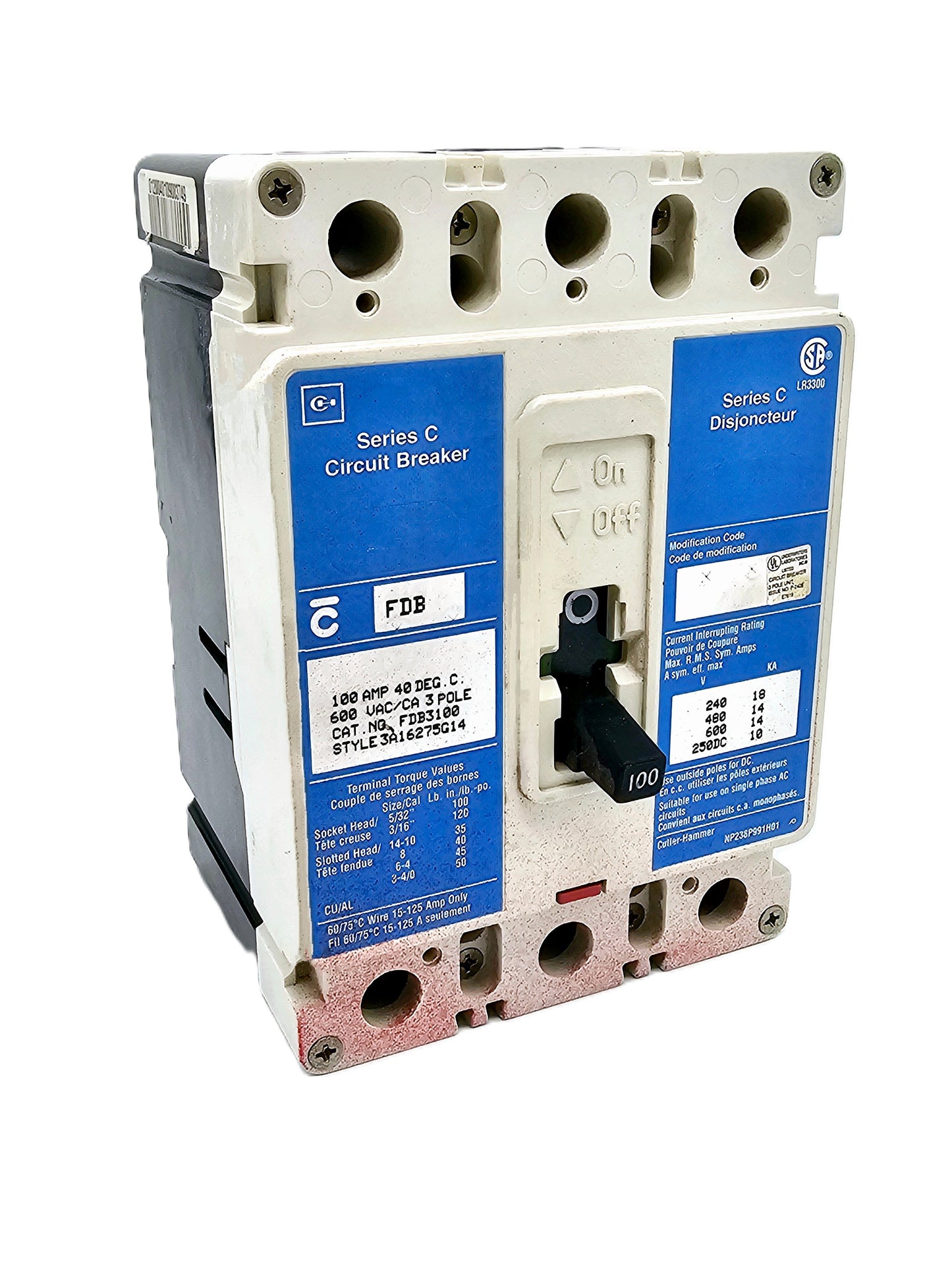 Cutler-Hammer FDB3100 100A, 3-pole breaker Series C / FD-frame thermal-magnetic protection 600 VAC and 250 VDC
