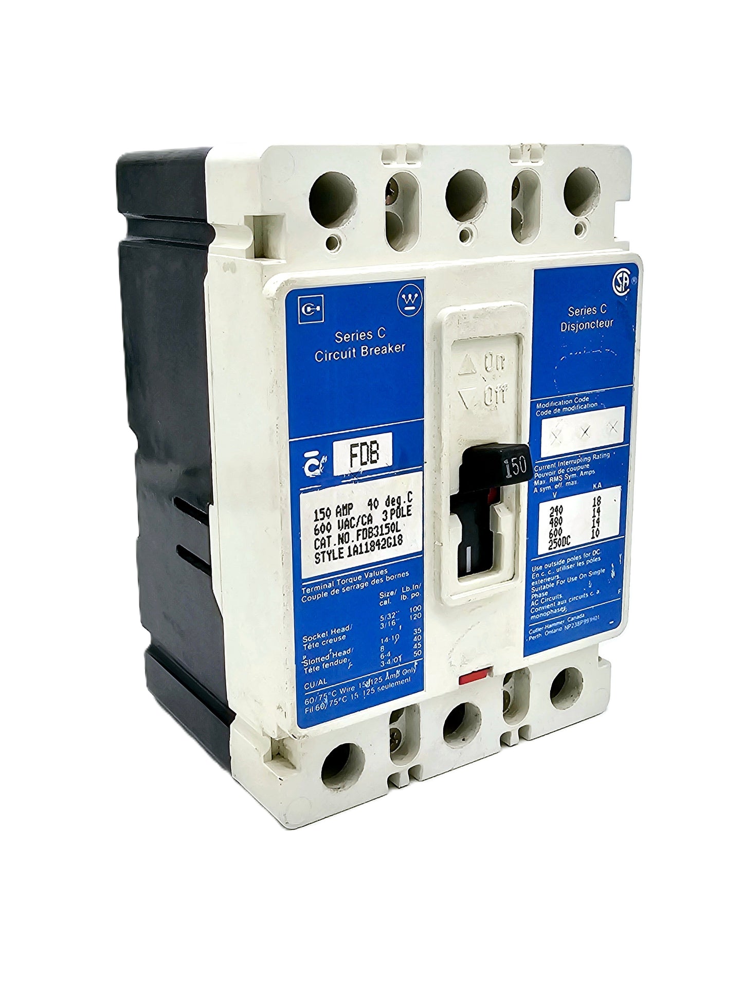 Westinghouse FDB3150 is a 150-amp, 3-pole molded case circuit breaker rated for 600 VAC  thermal-magnetic trip unit Series C (FD-frame)  systems