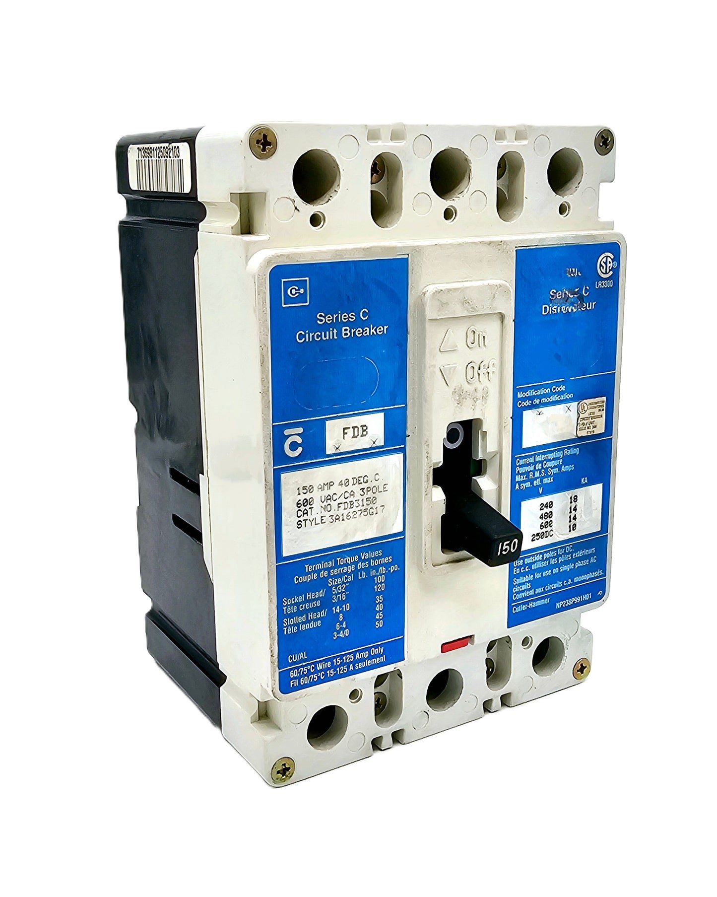 Cutler-Hammer FDB3150 is a 150-amp, 3-pole molded case circuit breaker rated for 600 VAC t FD-frame Series Chermal-magnetic trip unit, and 250 VDC.