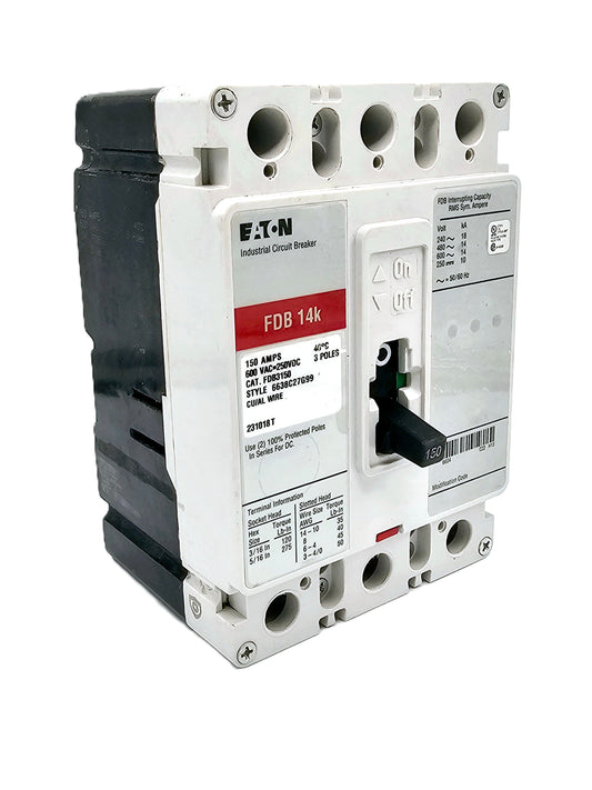 Eaton FDB3150 (FDB 14k) is a 150A, 3-pole molded case circuit breaker 600 VAC and 225 VD Series CC   thermal-magnetic trip unit