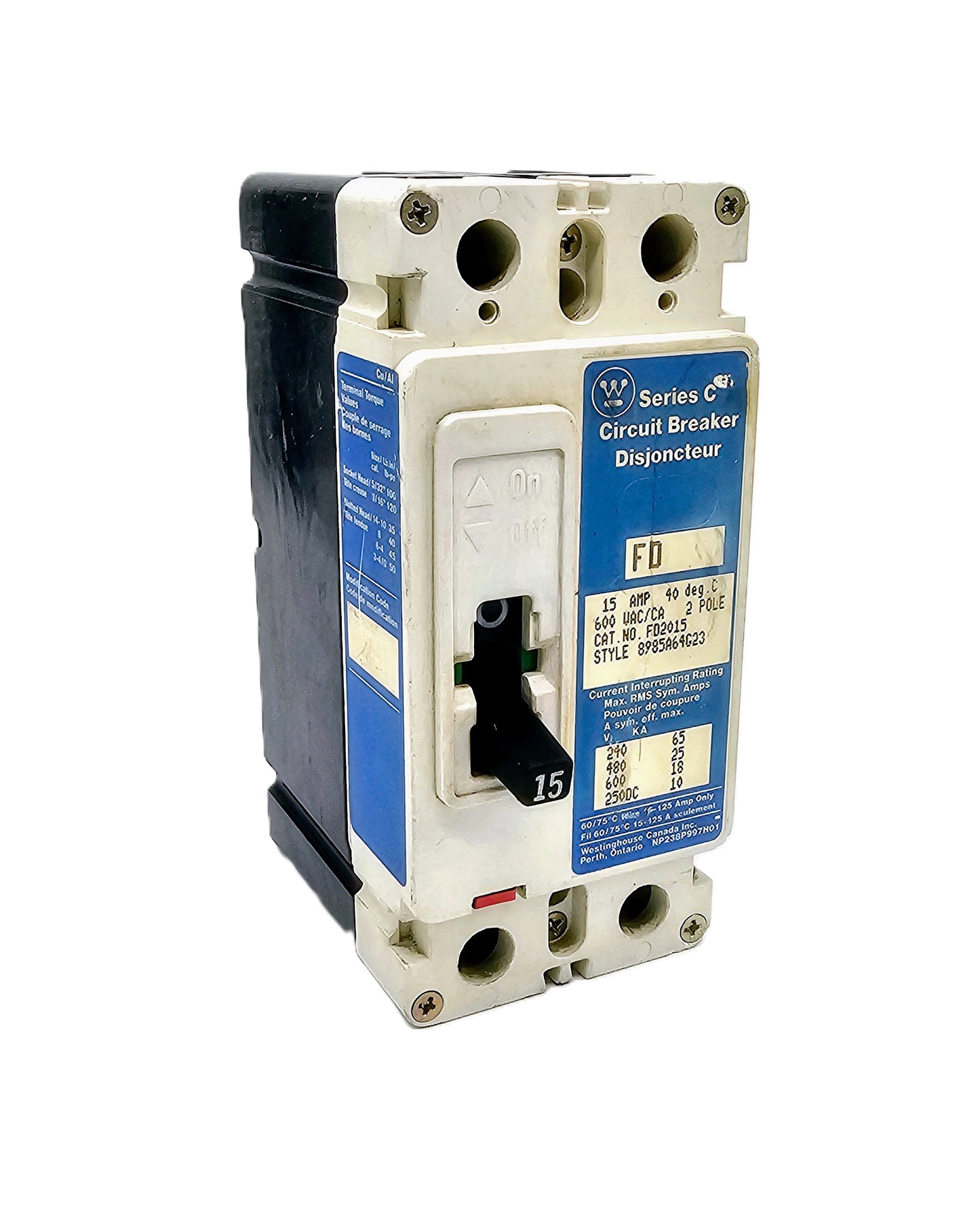 Westinghouse FDC2015 is a 2-pole, 15A molded case circuit breaker from the FD-frame Series C  600 VAC and 250 VDC, featuring a thermal-magnetic trip unit