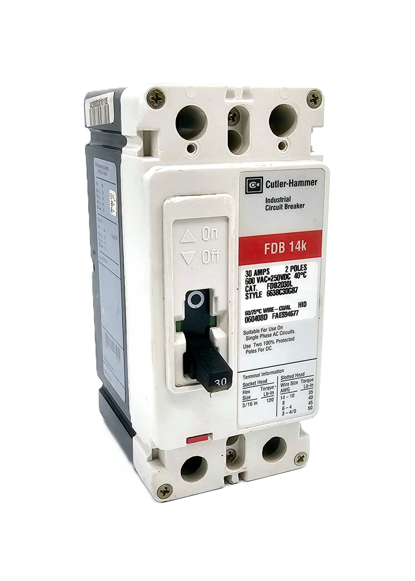 Cutler-Hammer FDB23030L 2-pole, 30A, molded case circuit breaker rated for 600 VAC / 250 VDC, and part of the FDB 14k line — signifying a 14 kA interrupting rating at 480V.