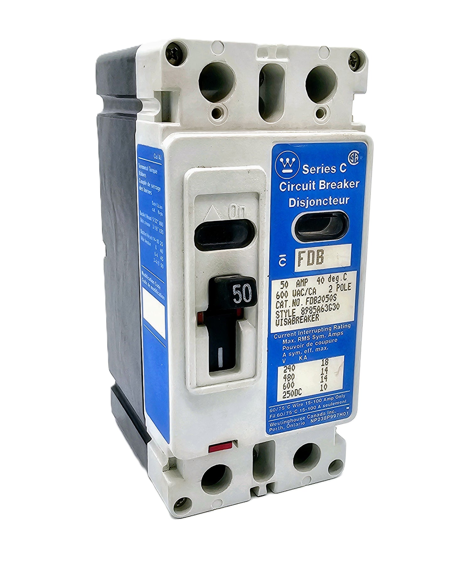 Westinghouse FDB2050S Series C 2-pole, 50 Amp unit rated for 600 VAC / 250 VDC. Series C