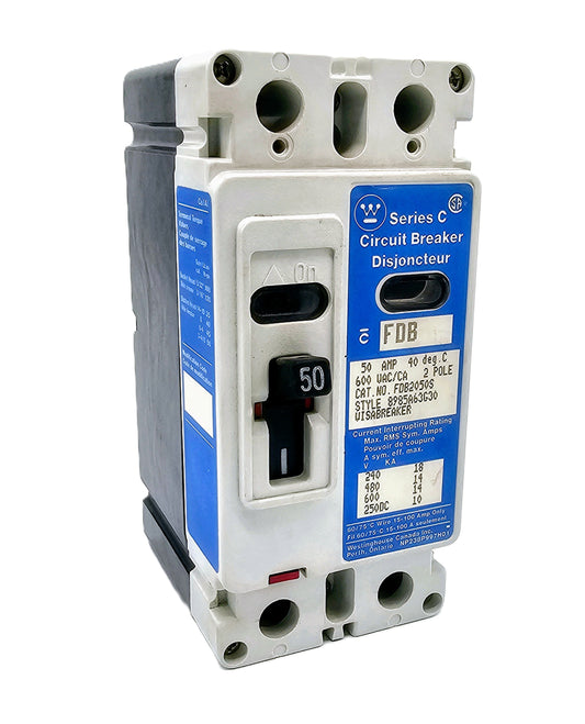 Westinghouse FDB2050S Series C 2-pole, 50 Amp unit rated for 600 VAC / 250 VDC. Series C