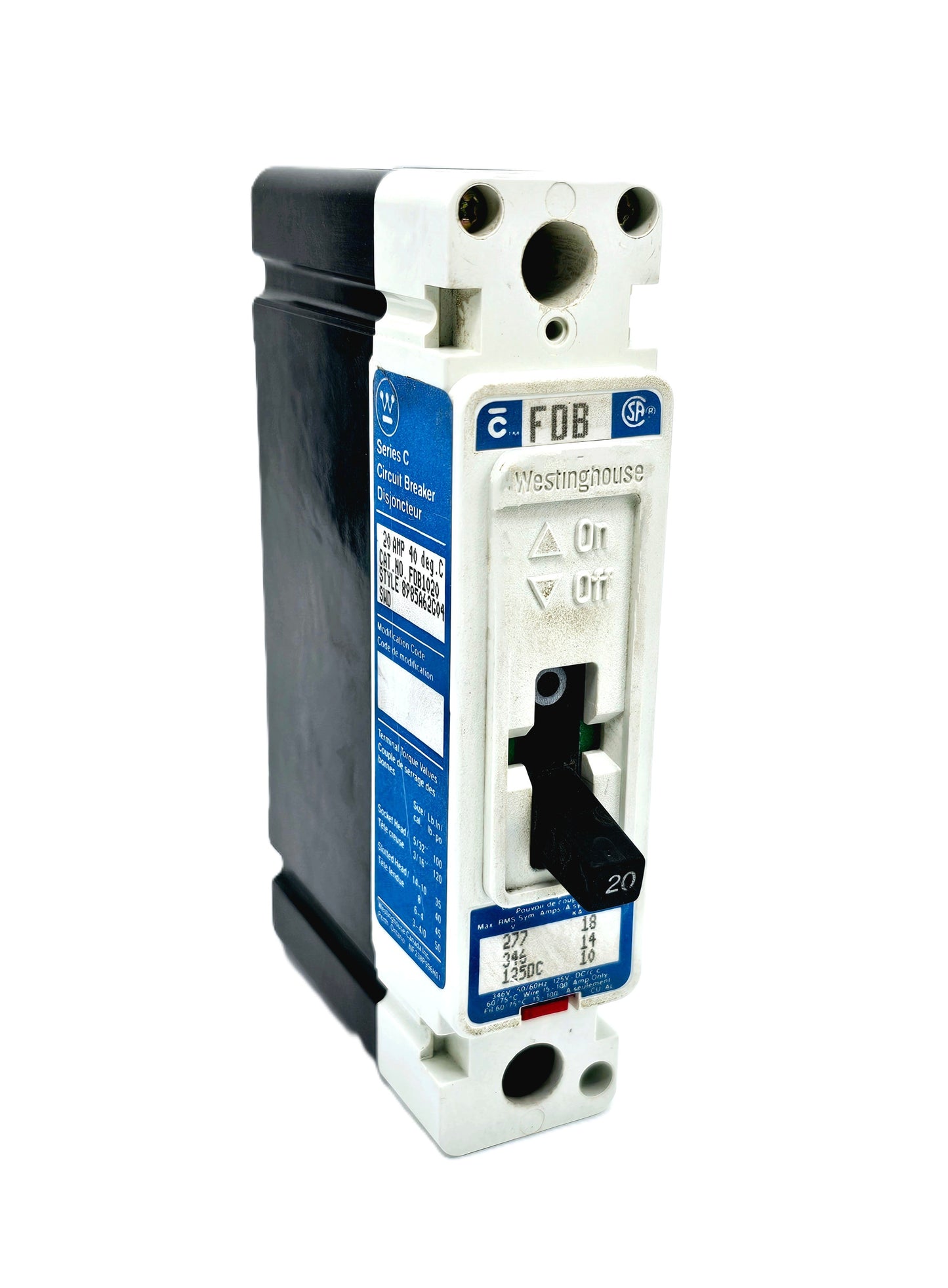 Westinghouse FDB1020 is a Series C industrial molded case circuit breaker  1-pole, 20 amp breaker is rated for 277 VAC, 346 VAC, and 125 VDC thermal-magnetic trip unit 18 kA interrupting capacity at 277 VAC