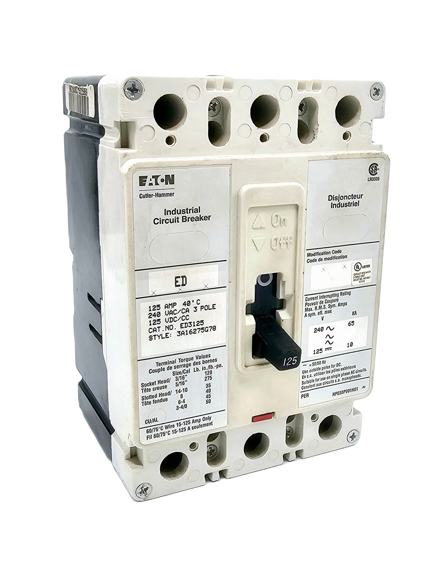 Eaton Cutler-Hammer ED3125 Industrial Circuit Breaker  3-pole 125 amps molded case circuit breaker Series C industrial line. Bolt-On