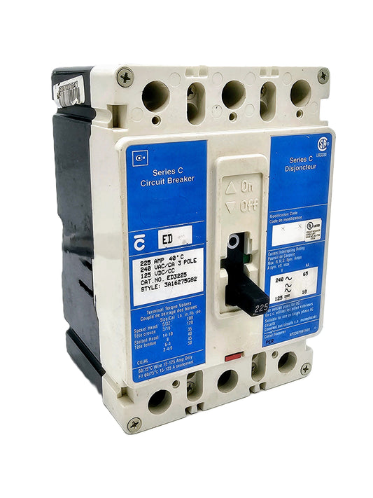 Eaton ED3225 is a robust 3-pole, 225 Amp molded case circuit breaker Series C thermal-magnetic trip mechanism.
