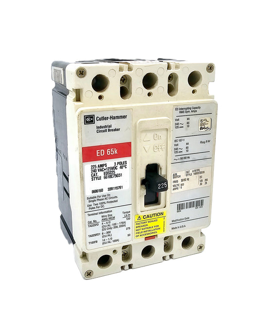 Cutler-Hammer ED3225 is a heavy-duty molded case industrial circuit breaker rated for 225 Amps AC and DC circuits, 65 kA at 240V AC,