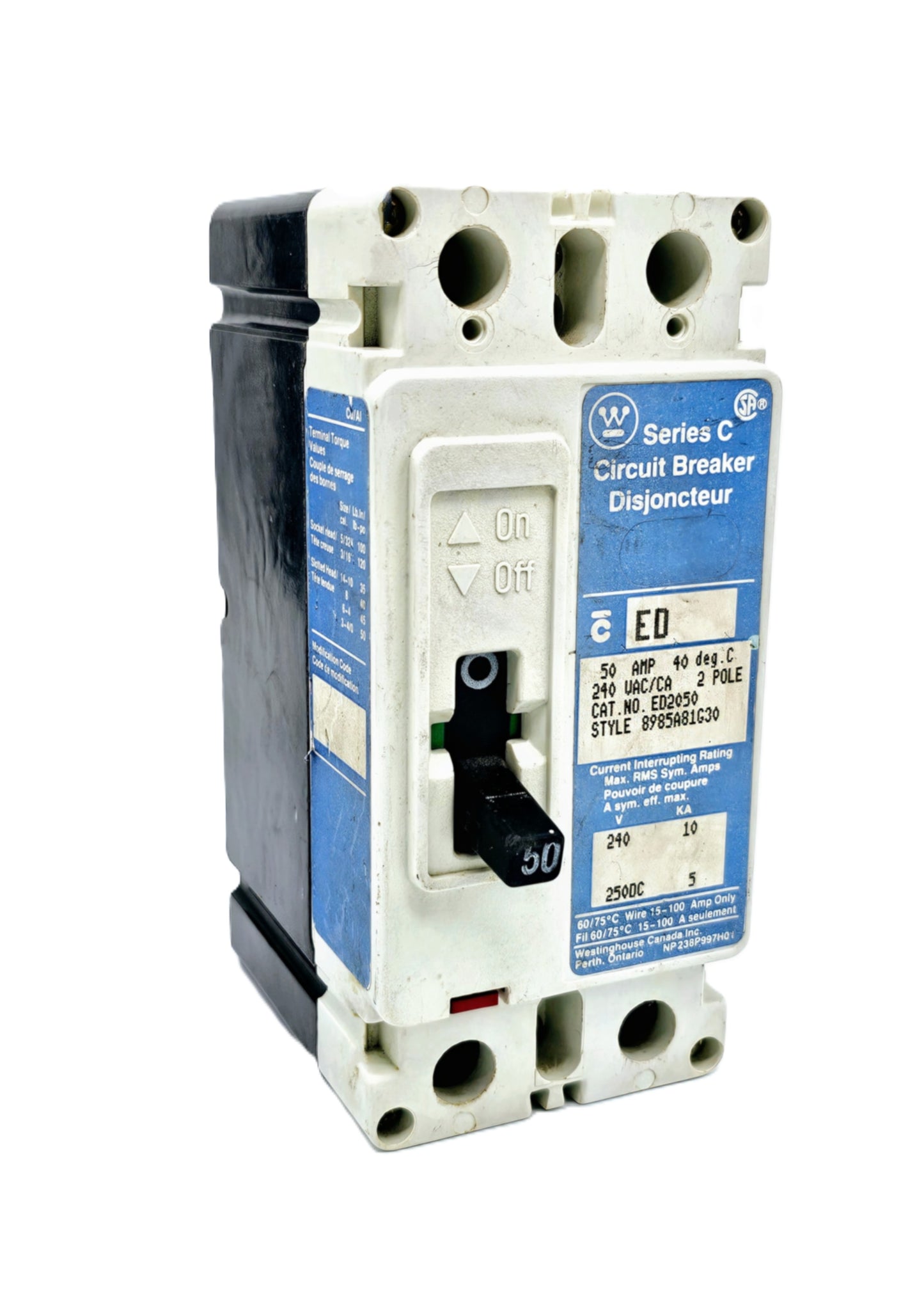 Westinghouse ED2050 Series C Molded Case Circuit Breaker 2-pole 50 Amp AC and DC