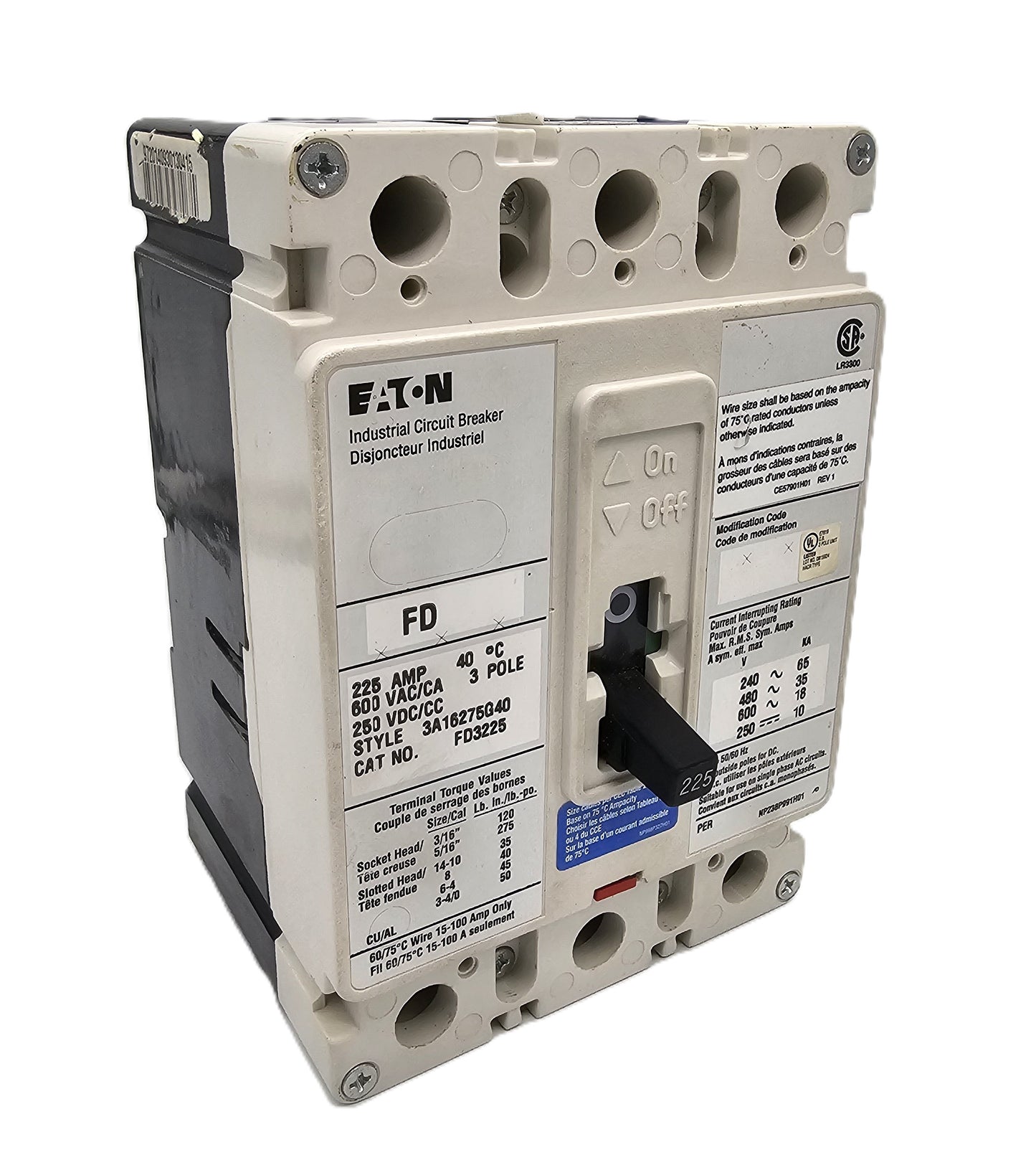 Eaton FD3225  FD Series C Industrial Circuit Breakers. 225 Amps 3 Poles 600 Vac 250VDC Bolt-On