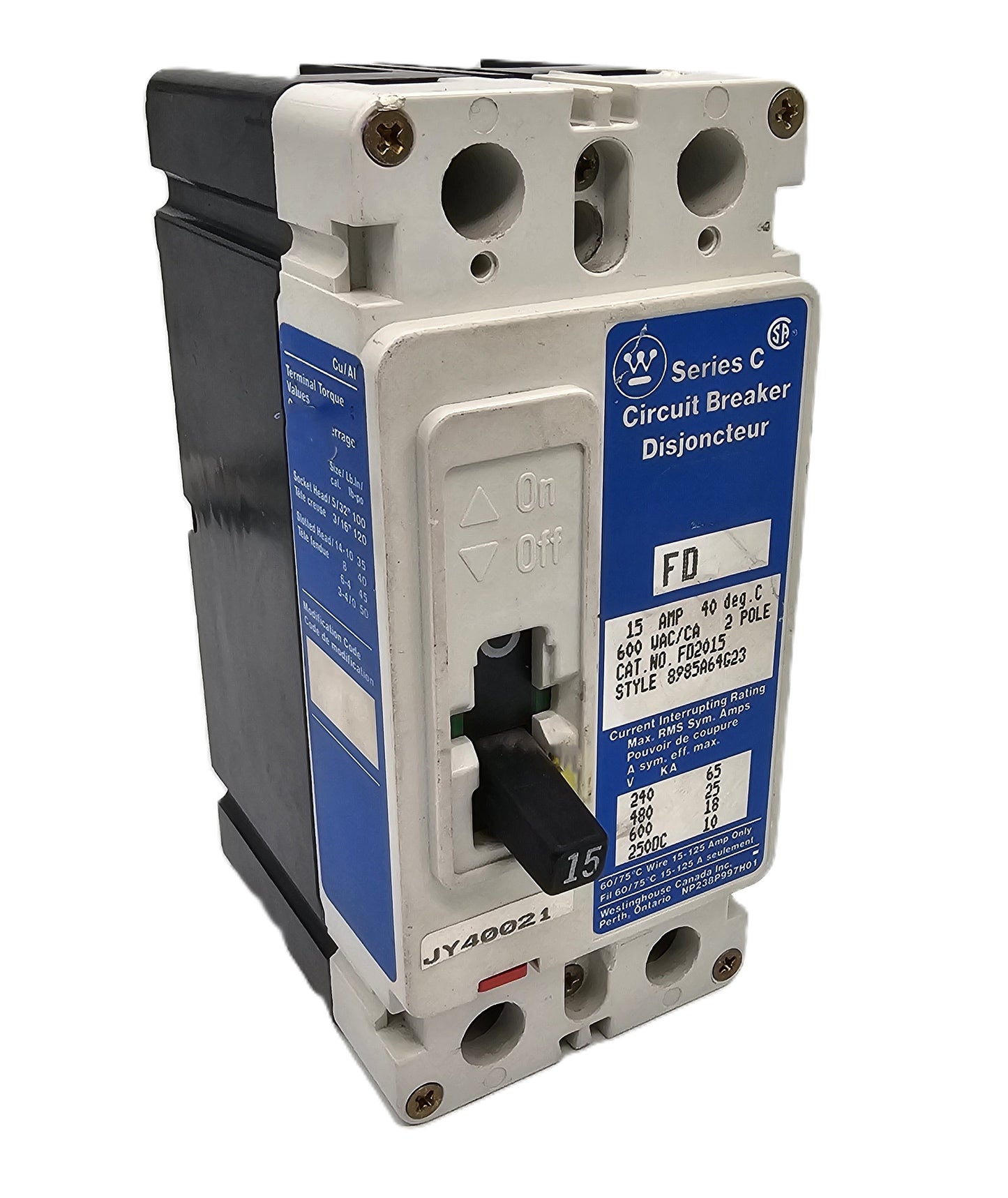 Eaton Cutler-Hammer FD2015 Series C FD215 15 Amps 2 Poles 600VAC 250 VDC Bolt On
