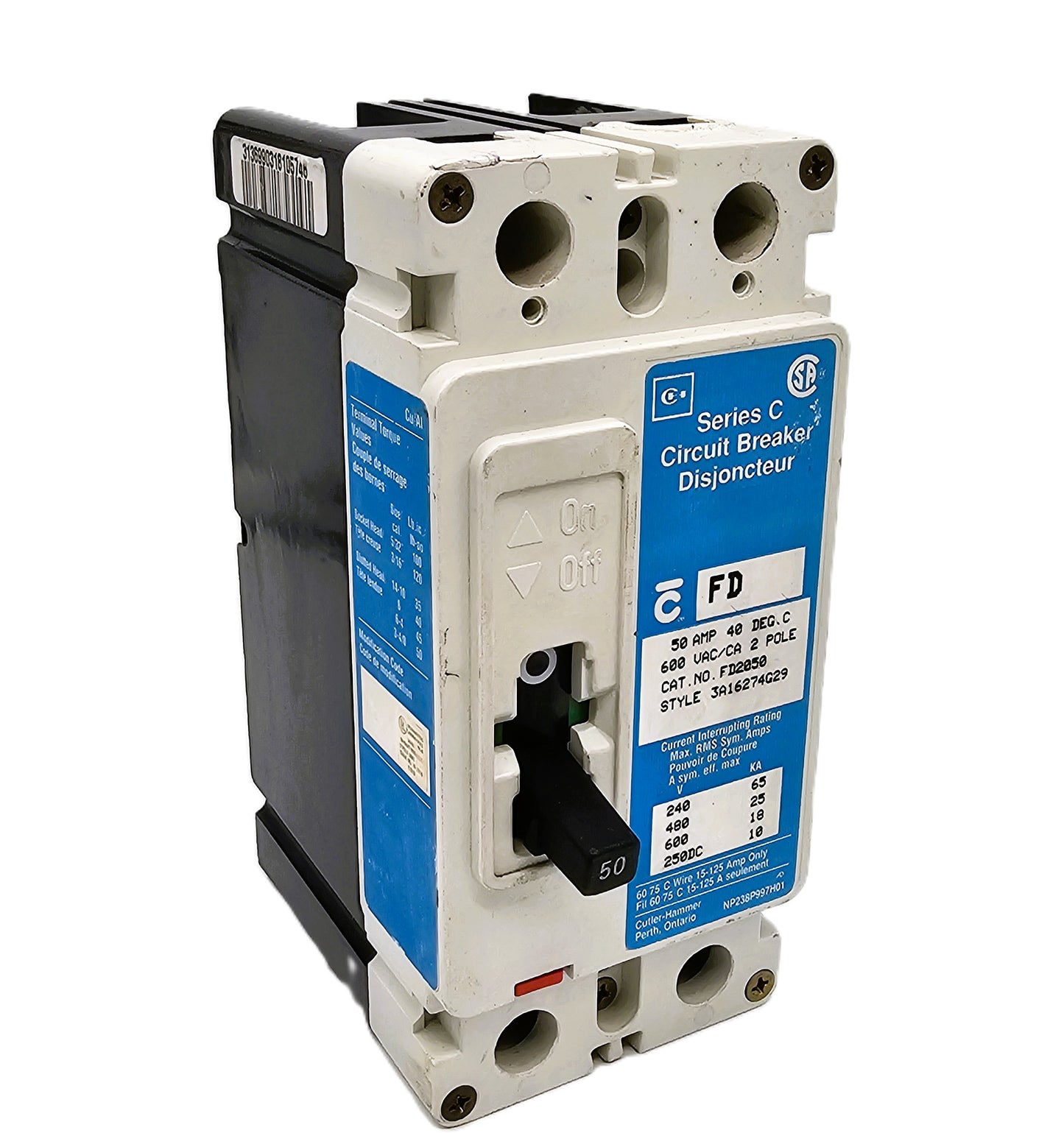 Eaton FD2050 Series C FD-frame 50 Amps 2 Pole 600VAC 250 VDC Bolt-On