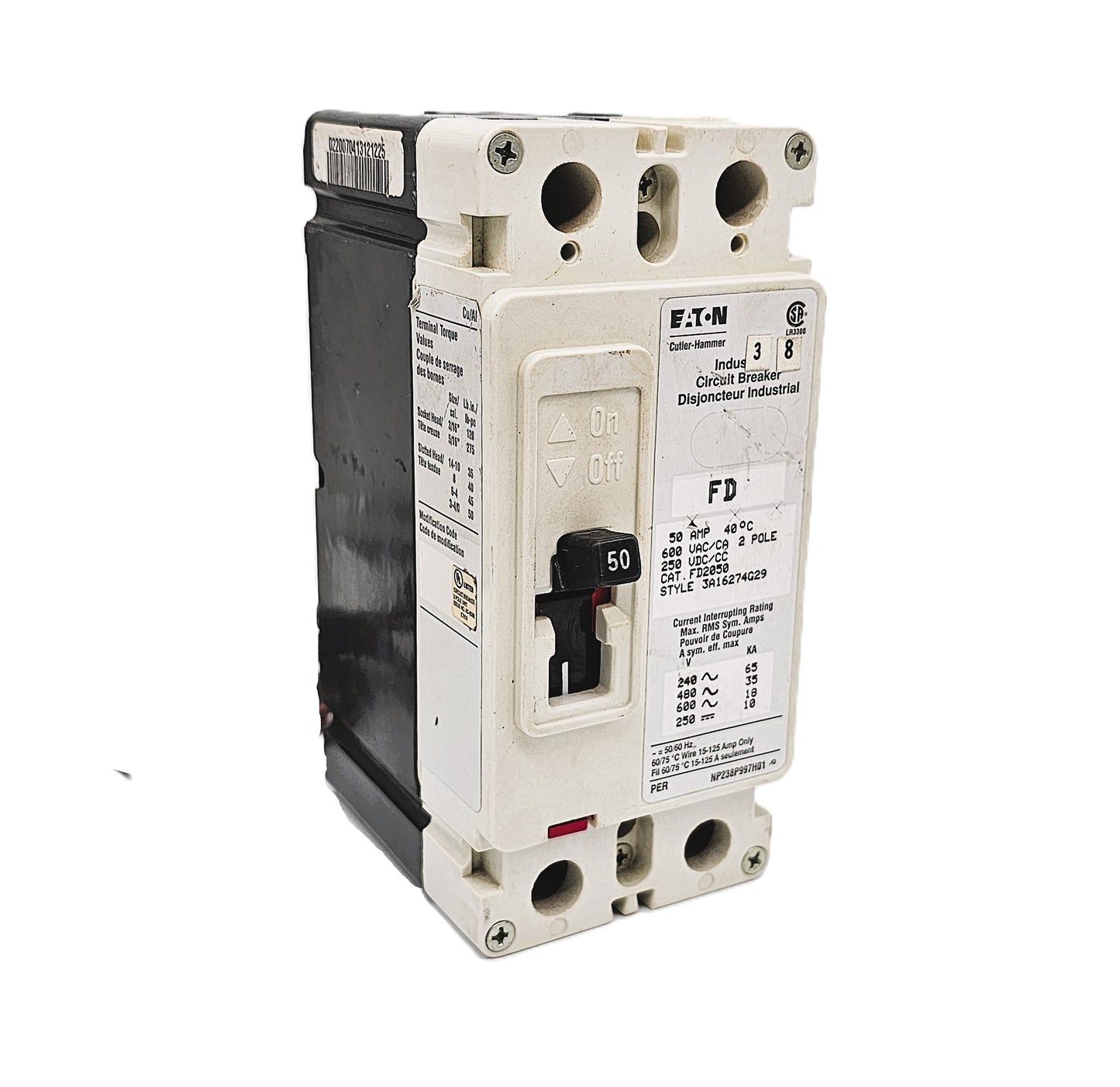 Eaton FD2050 Series C – FD frame 50 Amps 2 Poles 600VAC 250VDC Bolt-On