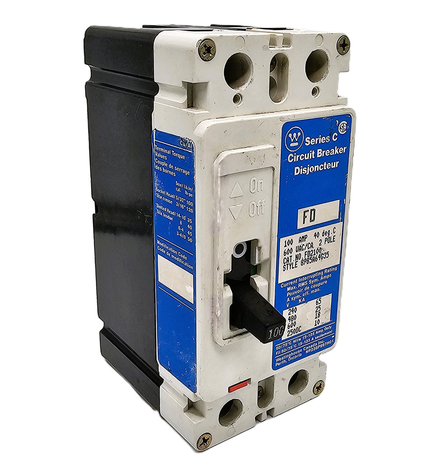 Westinghouse FD2100 Series C FD Frame 100 Amps 2 Poles 600 VAC 250VDC Bolt-On