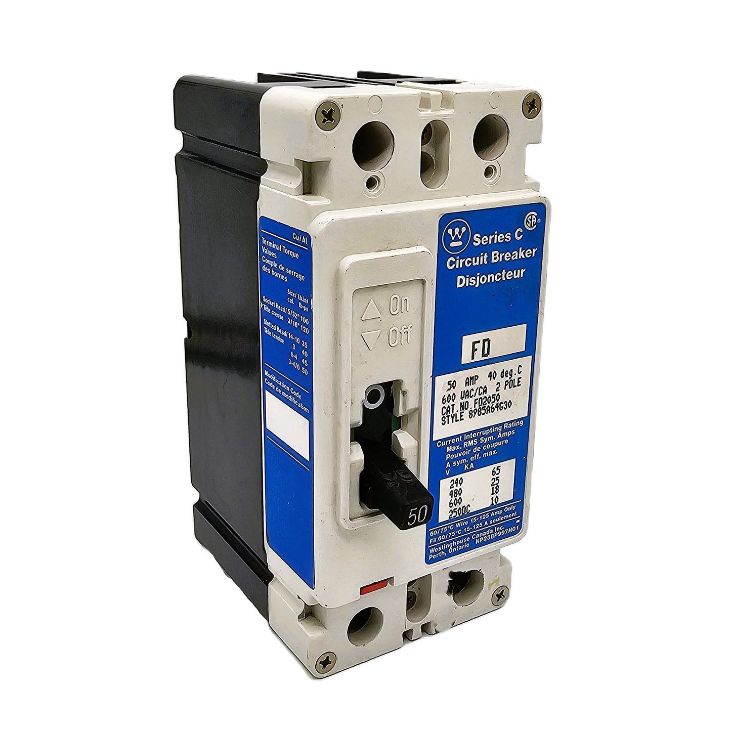 Westinghouse FD2050 Series C FD frame 50 Amps 2 Poles 600 VAC 250VDC Bolt-On