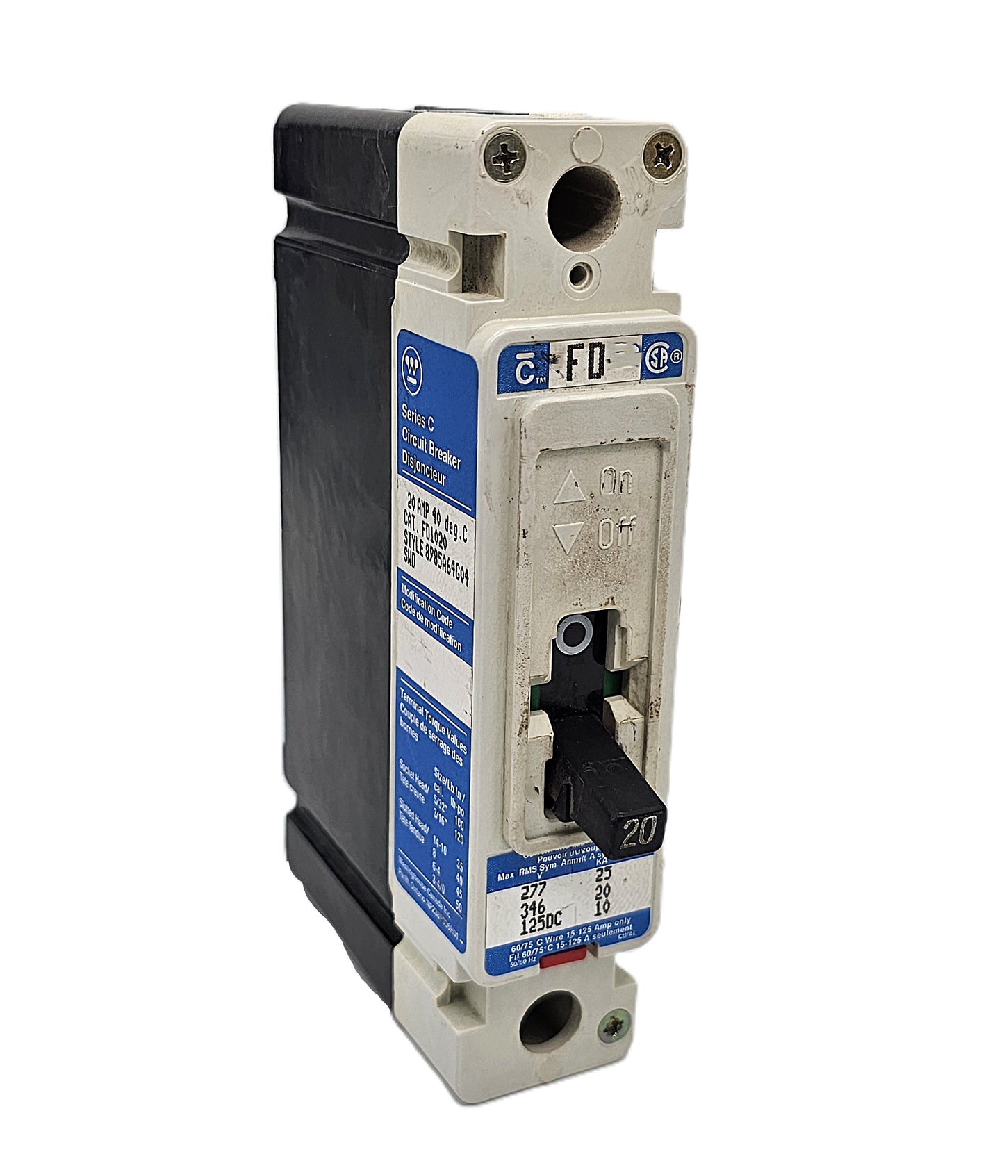 Westinghouse FD1020 Series C 20 Amps Single-Pole 277 VAC  347 VAC  125 VDC Bolt-On