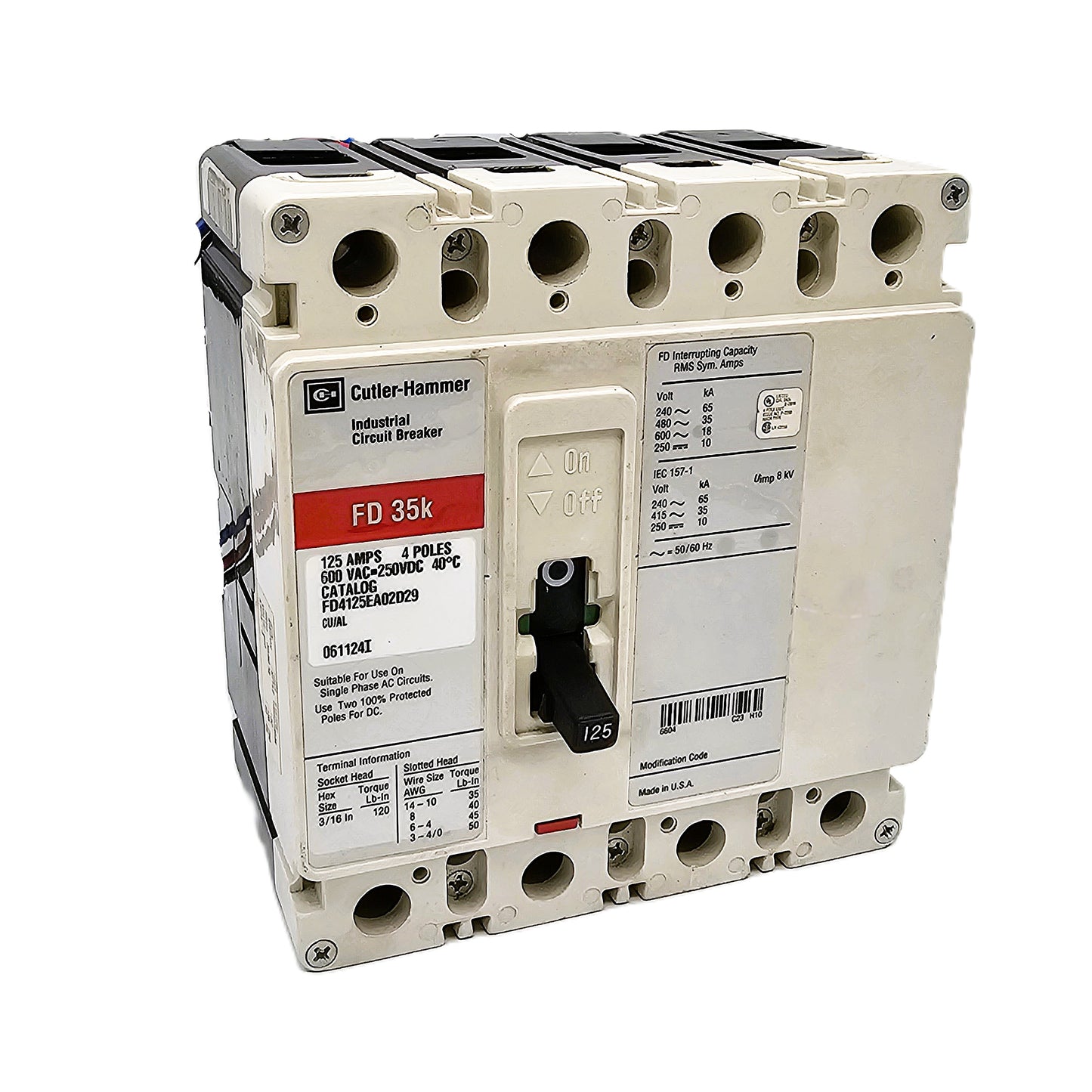 Cutler-Hammer FD4125EA02D29 4-pole circuit breaker Series C 125Amps 600VAC 250VDC Bolt-On