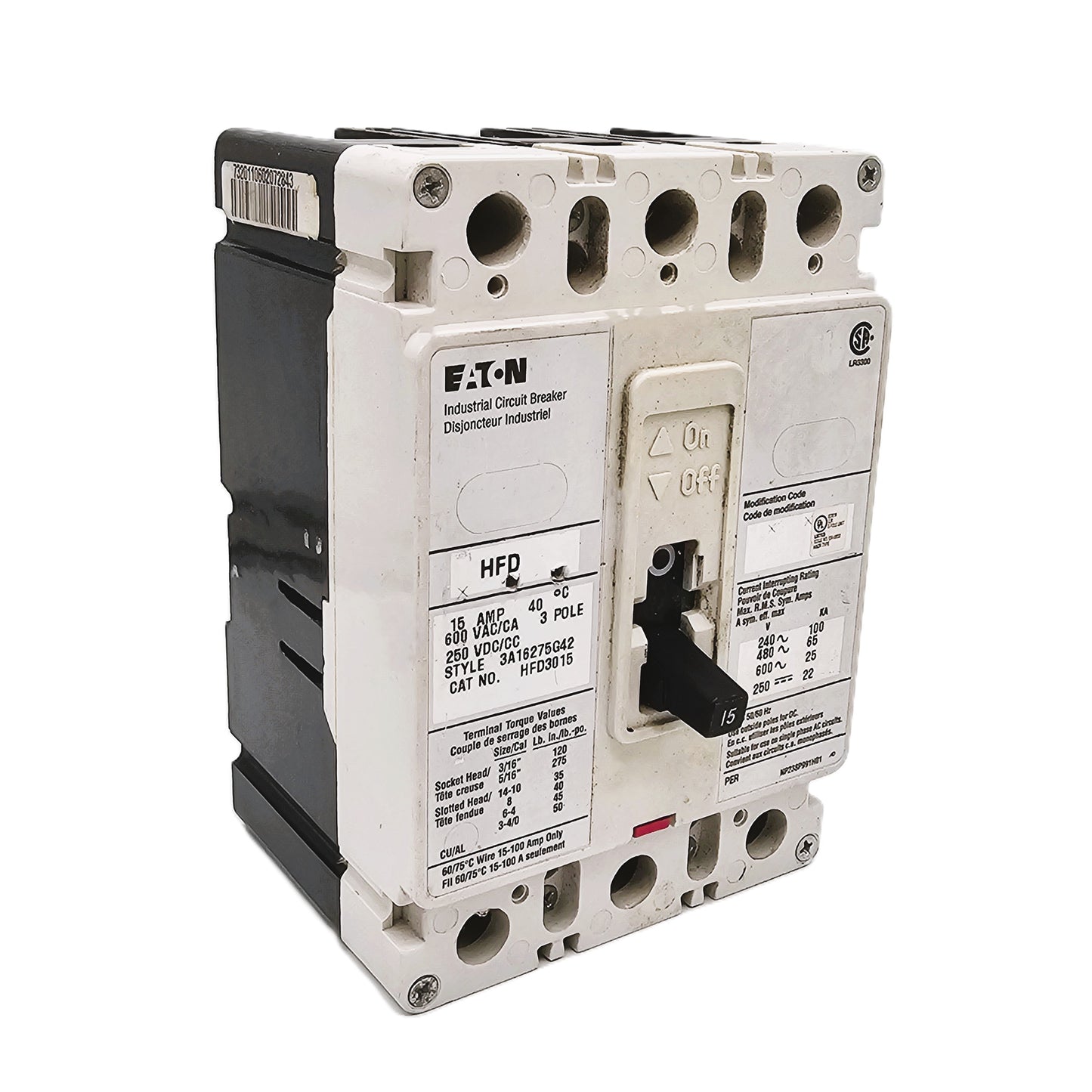 Eaton HFD3015 Industrial Circuit Breaker 15 Amps 3-Pole 600 VAC 250 VDC Bolt-On