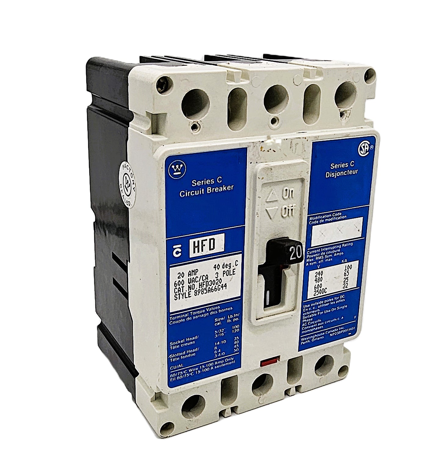 Cutler-Hammer Series C HFD3020 Circuit Breaker 20 Amps 3-Pole Bolt-On