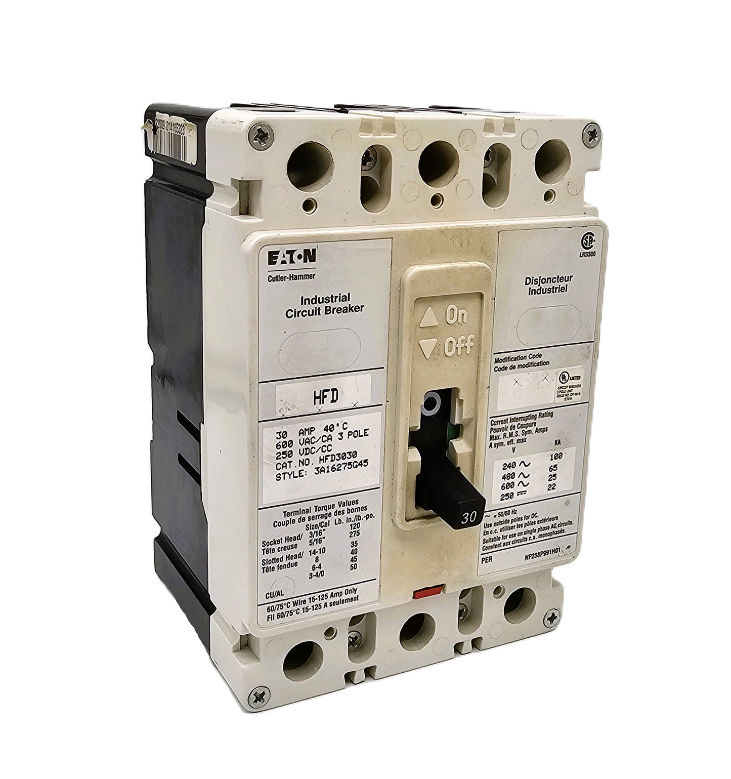 Eaton Cutler-Hammer HFD3030 Circuit Breaker 30 Amps 3-Pole Bolt-On