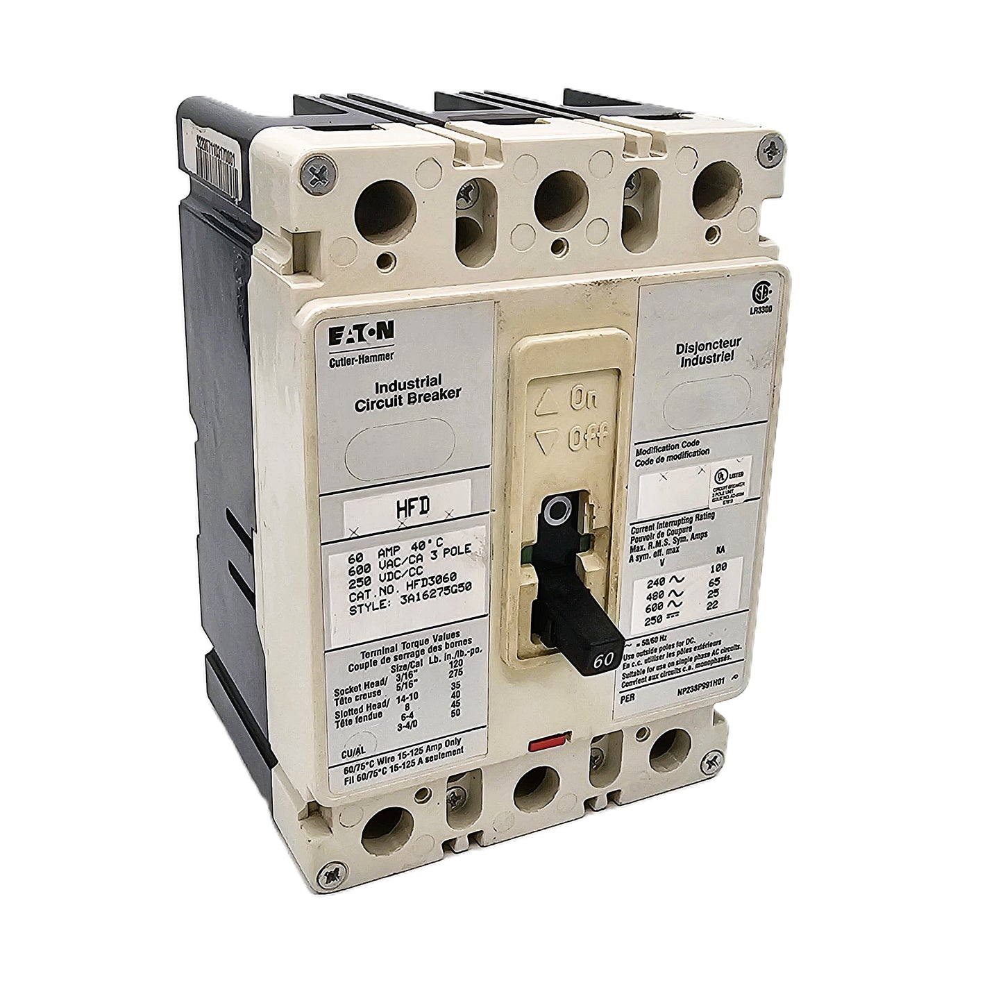 Eaton HFD3060 Circuit Breaker 60 Amps 3-Pole 600VAC 250VDC Bolt-On