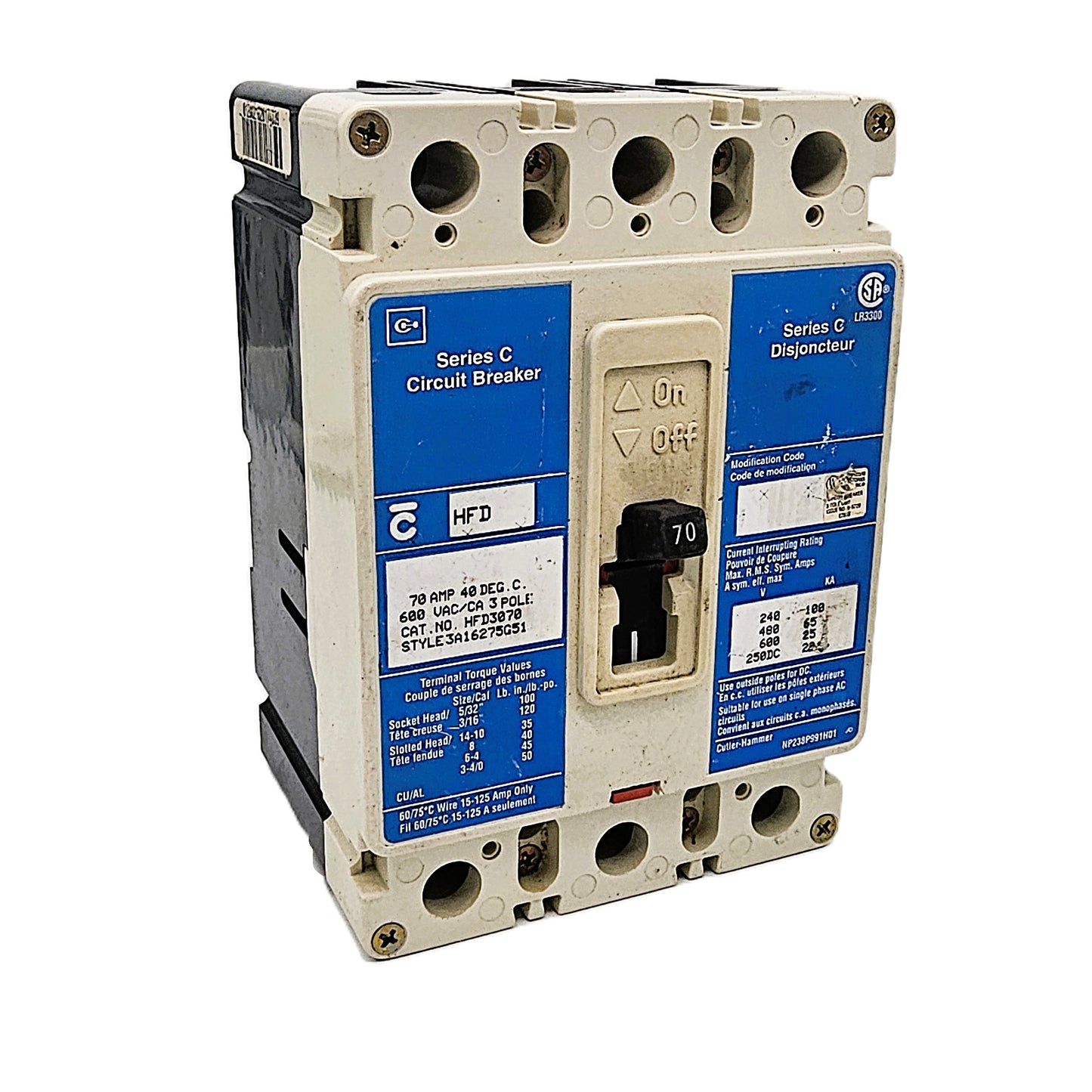 Eaton (Cutler-Hammer / Westinghouse Series C) HFD3070 Circuit Breaker 70 Amps 3-Pole Bolt-On 600VAC 250VDC