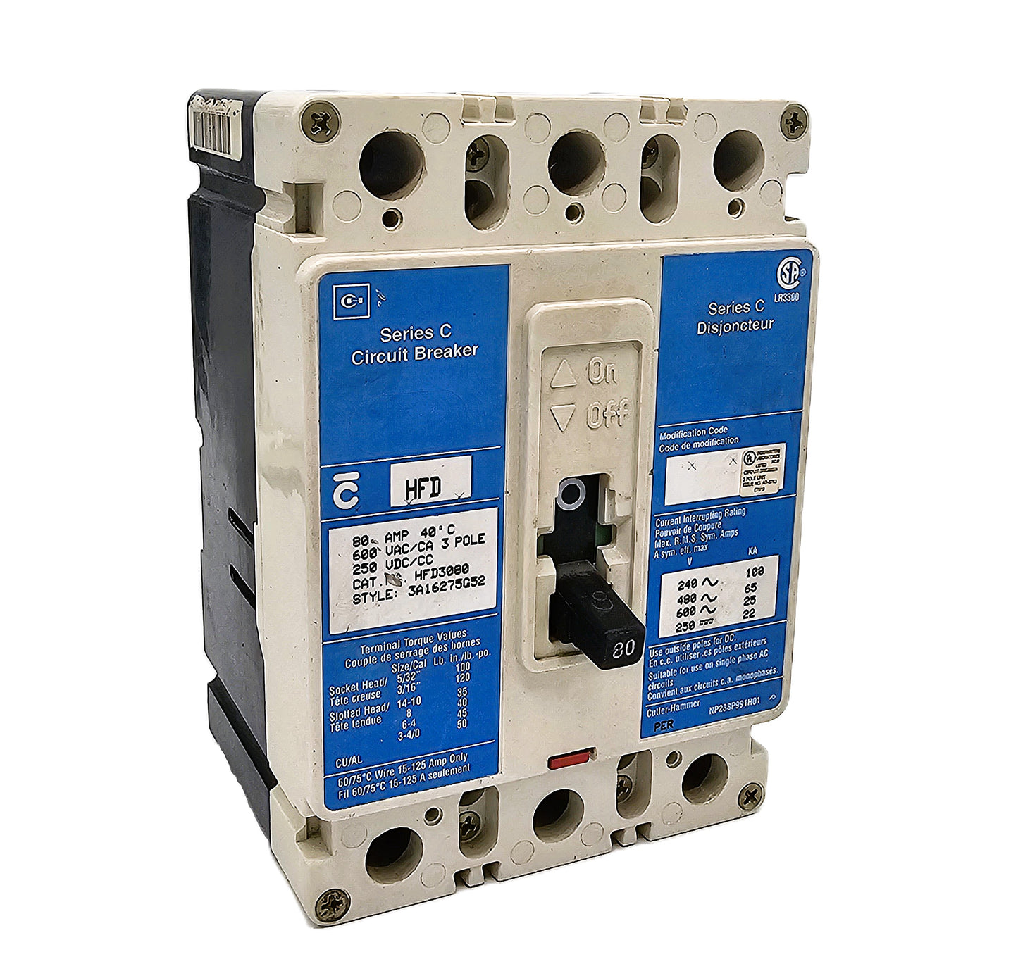 Eaton (Cutler-Hammer / Westinghouse Series C) HFD3080 Circuit Breaker 80 Amps 3-Pole Bolt-On
