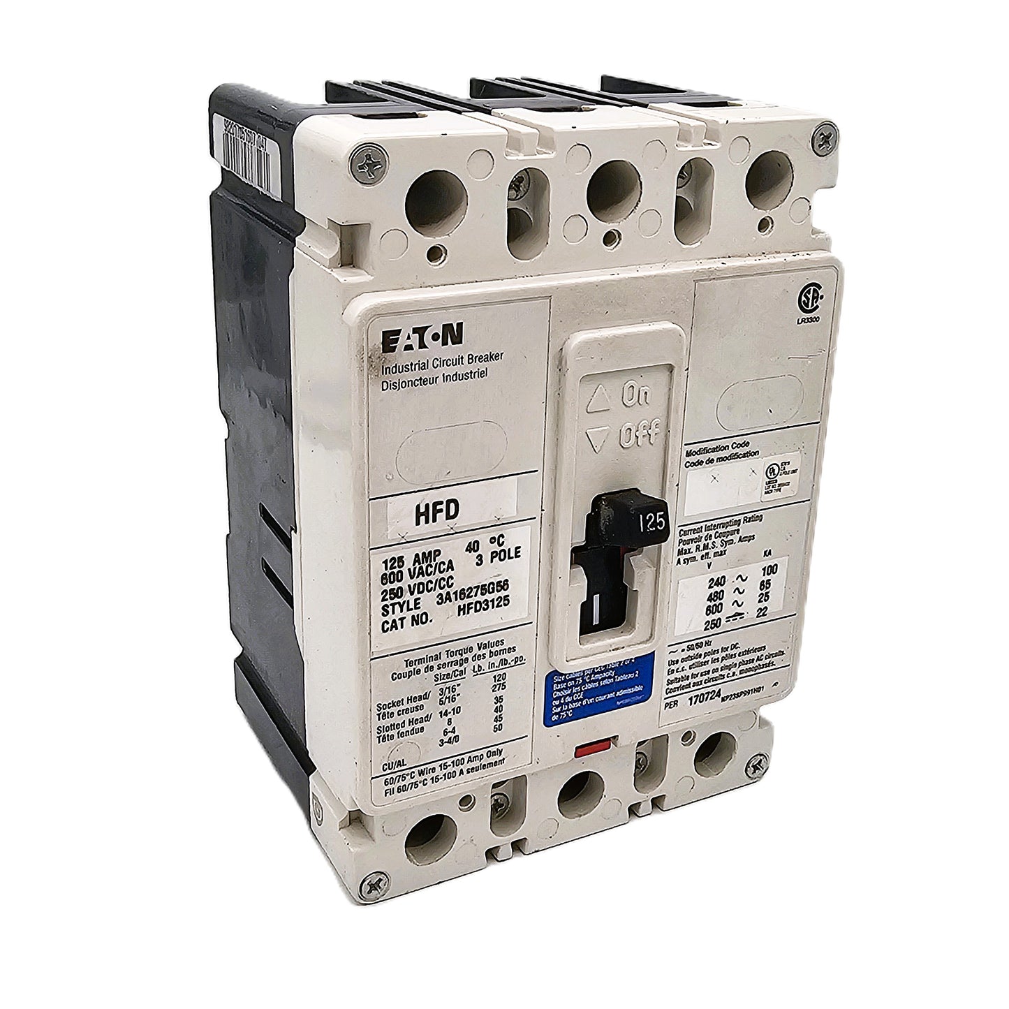 Eaton / Cutler-Hammer Circuit Breaker HFD3125 125Amps 3-Pole Bolt-On