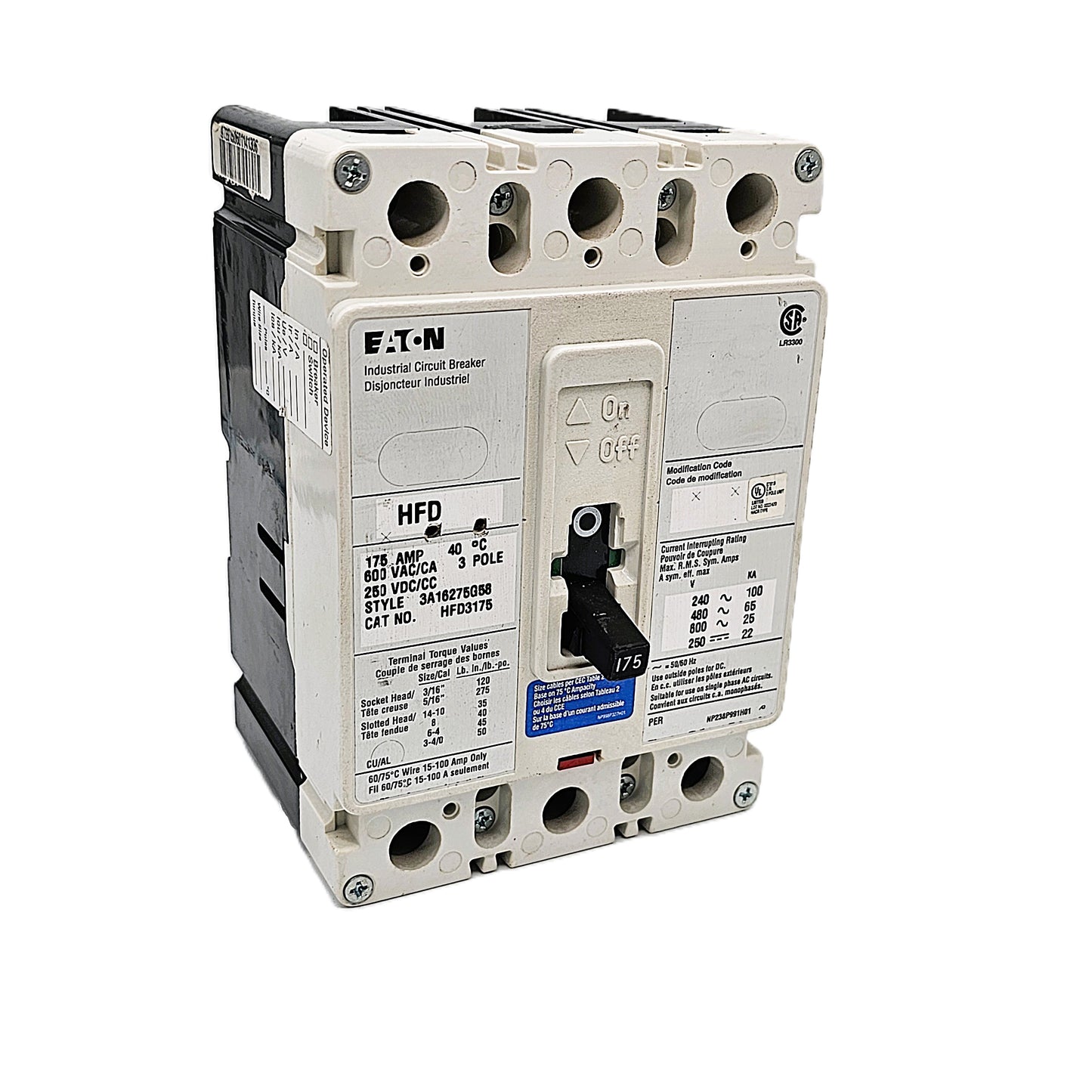 Eaton / Cutler-Hammer HFD3175 Circuit Breaker 175Amps 3-Pole Bolt-On