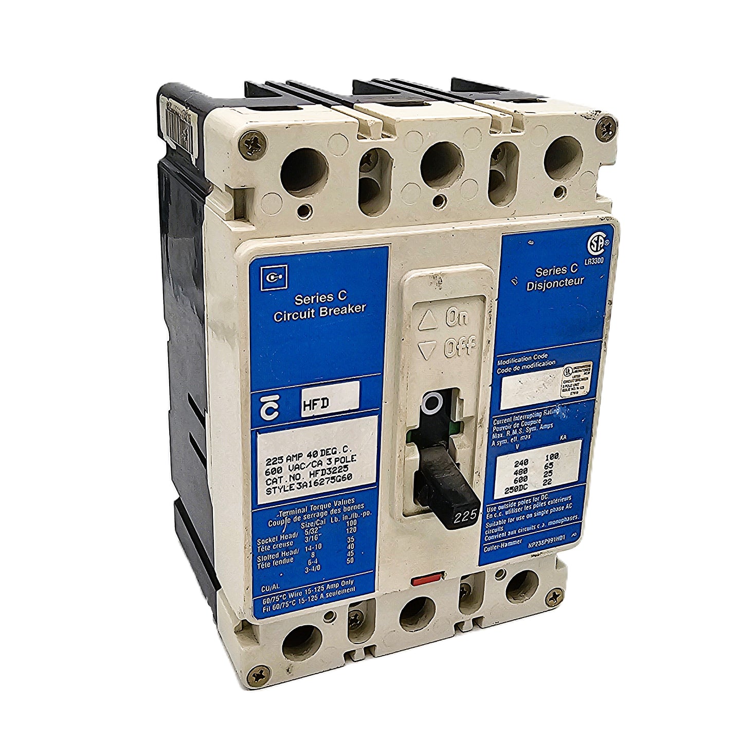 Eaton / Cutler-Hammer  HFD3225 Circuit Breaker 225Amps 3-Pole Bolt-On