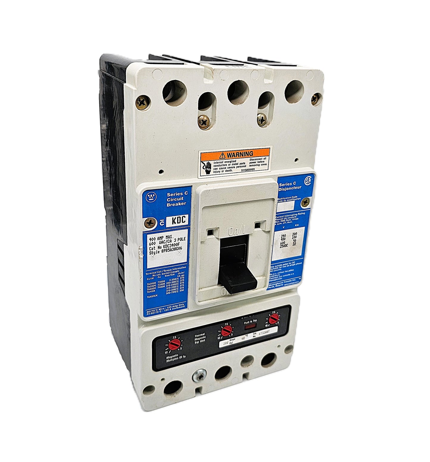 Eaton /Cutler-Hammer KDC3400F – Series C Industrial Molded Case Circuit Breaker 400Amps 3-Pole 600VAC Bolt-On