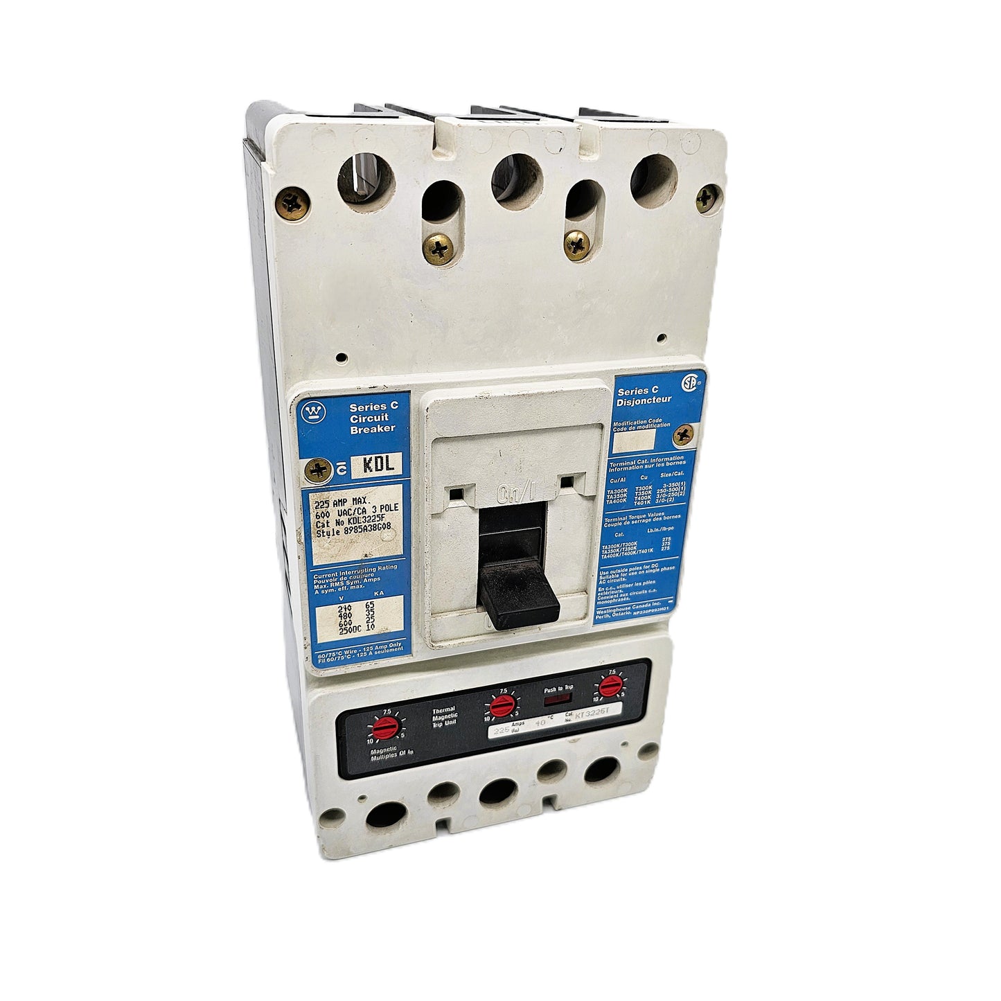 Eaton Westinghouse KDL3225F Circuit Breaker 225Amps 3-Pole 600VAC Bolt-On