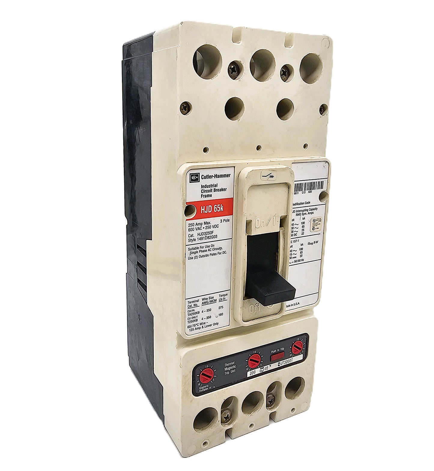 Eaton HJD3200F Circuit Breaker (65k) 200Amps 3-Pole 600VAC Bolt-On