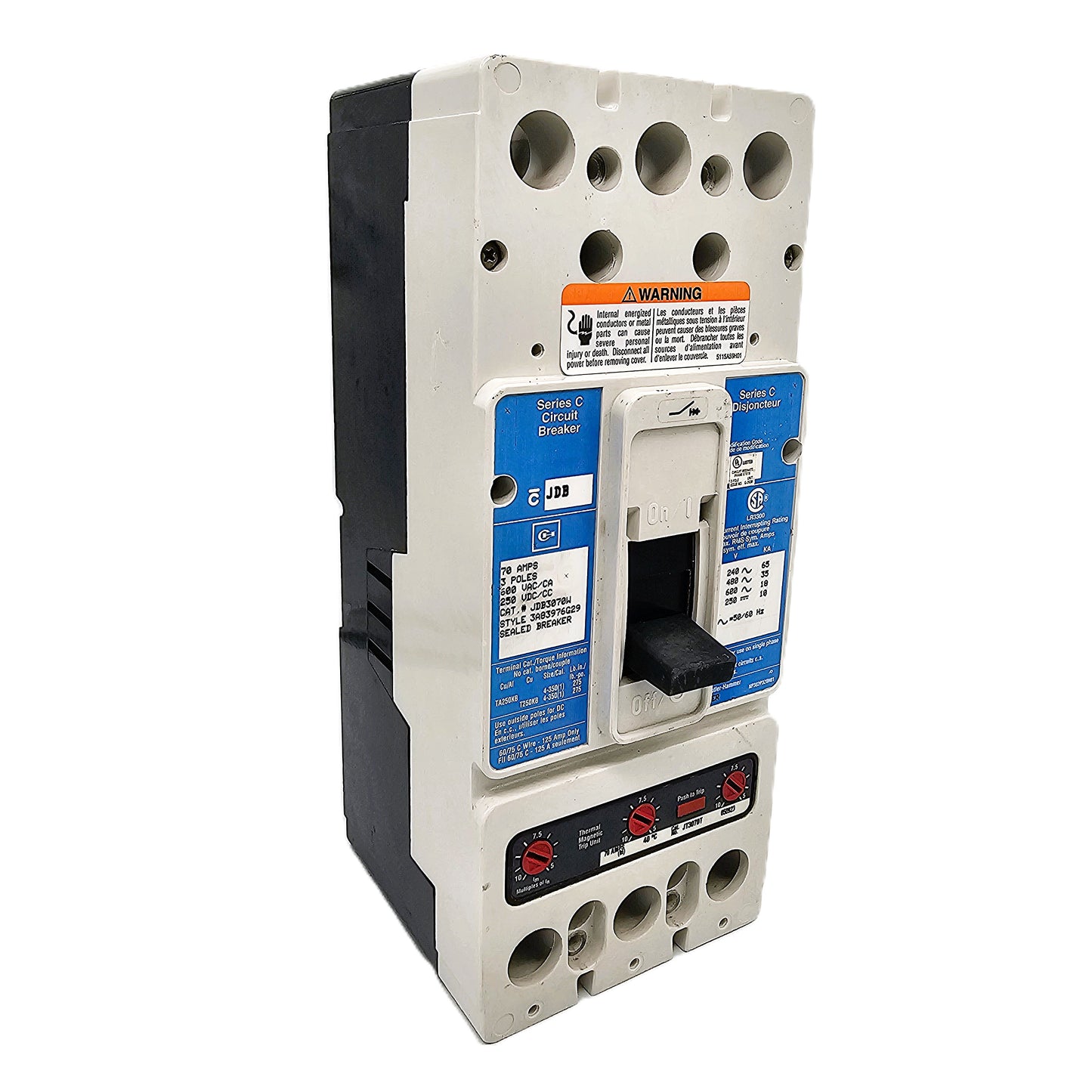 Eaton JDB3070W Circuit Breaker 70Amps 3-Pole 600VAC Bolt-On