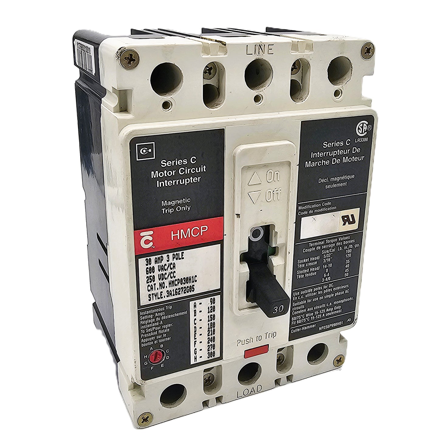 Cutler-Hammer HMCP030H1C Motor Circuit Protector 30Amps 3-Pole 600VAC Bolt-On