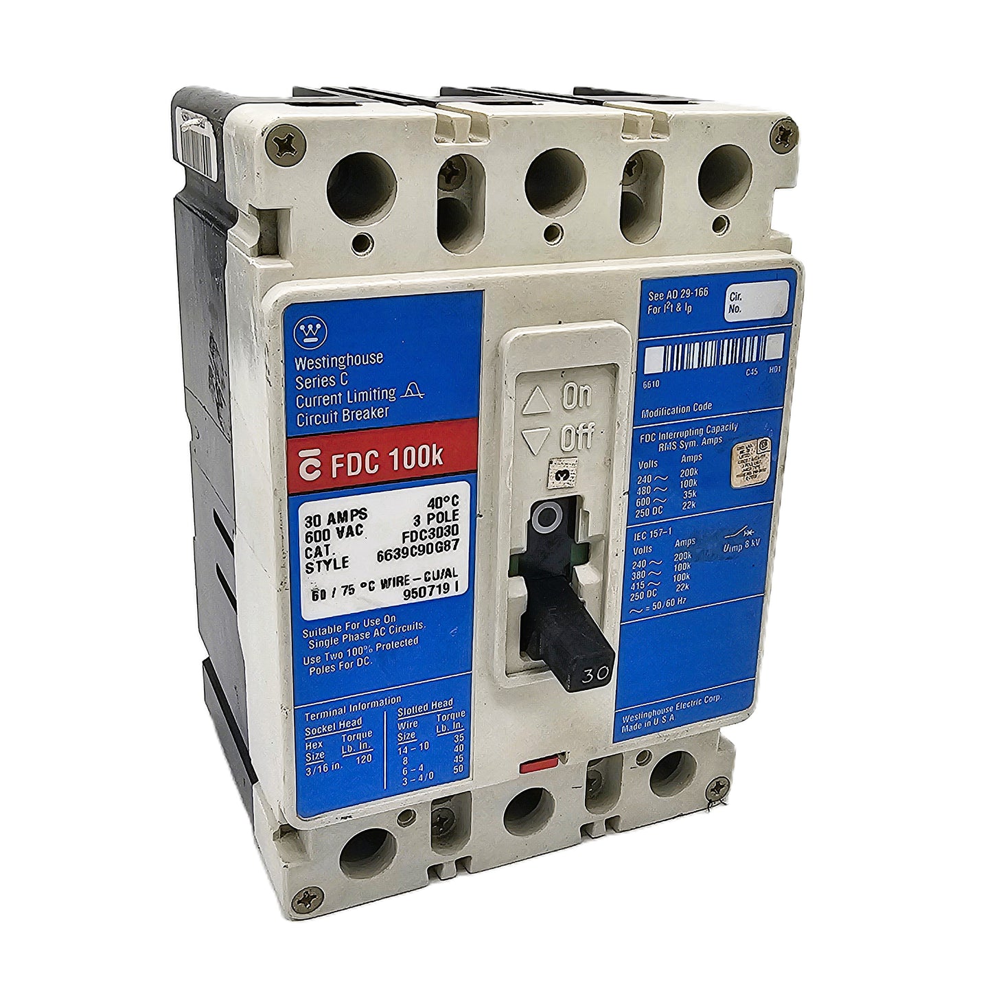 Westinghouse FDC3030 Series C Current Limiting Circuit Breaker 30 Amps 3-Pole 600VAC Bolt-On