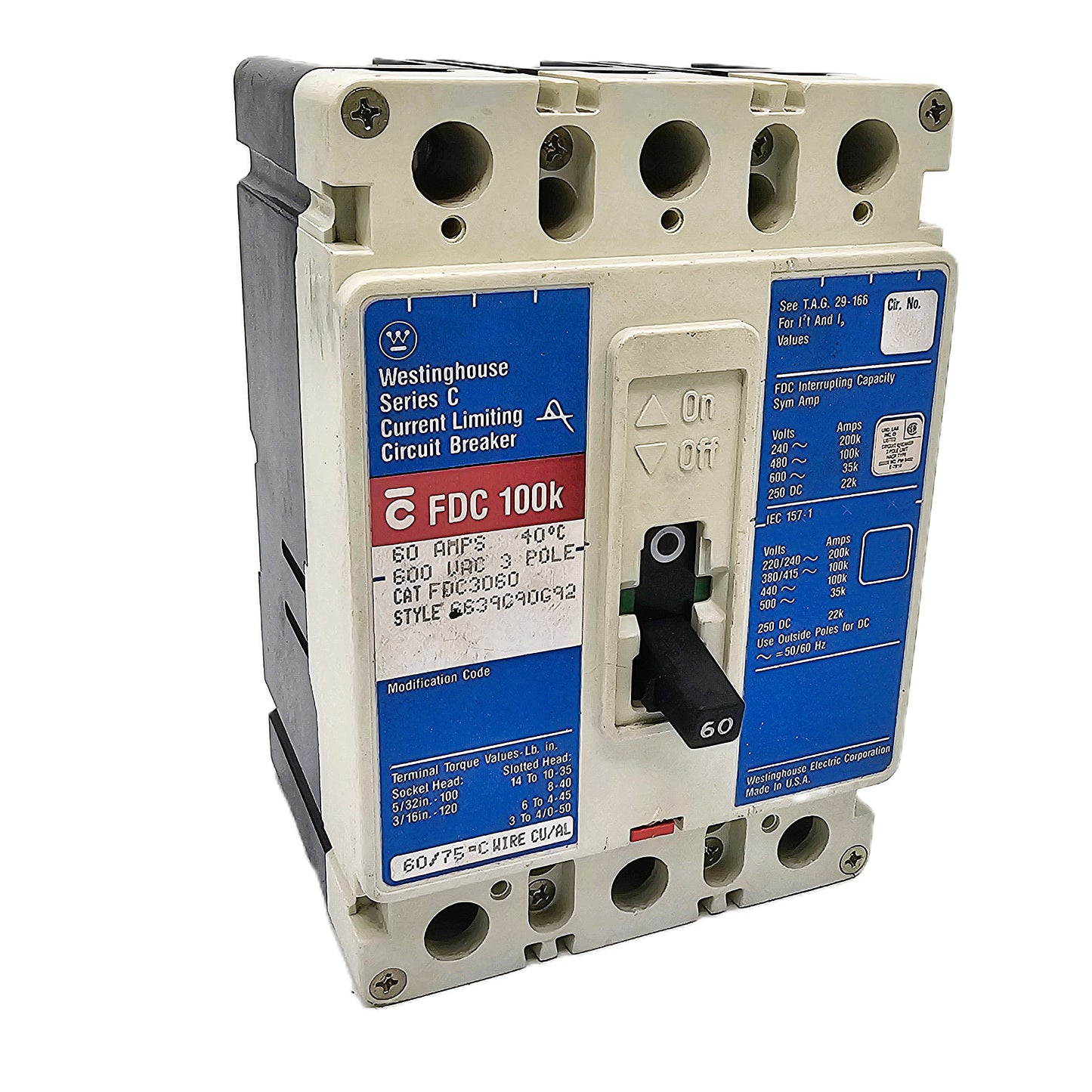 Westinghouse FDC3060 Series C Current Limiting Circuit Breaker FDC100K 60 Amps 3-Pole Bolt-On