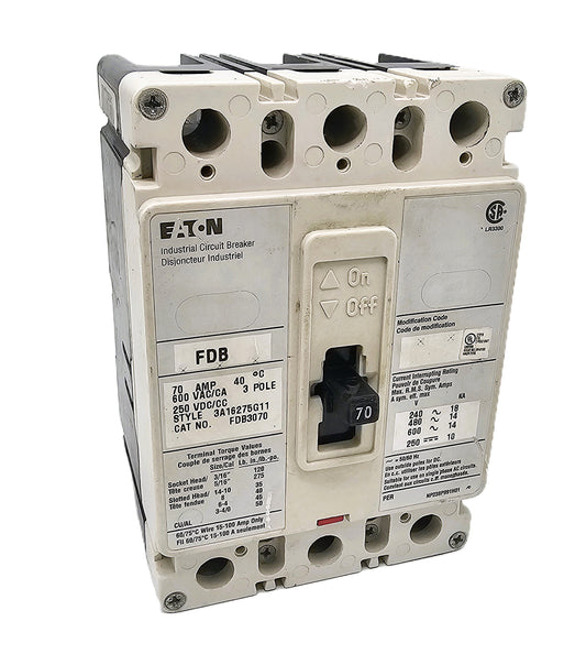 Eaton FDB3070 Industrial Circuit Breaker 70 Amps, 3-Pole, 600VAC Bolt-On