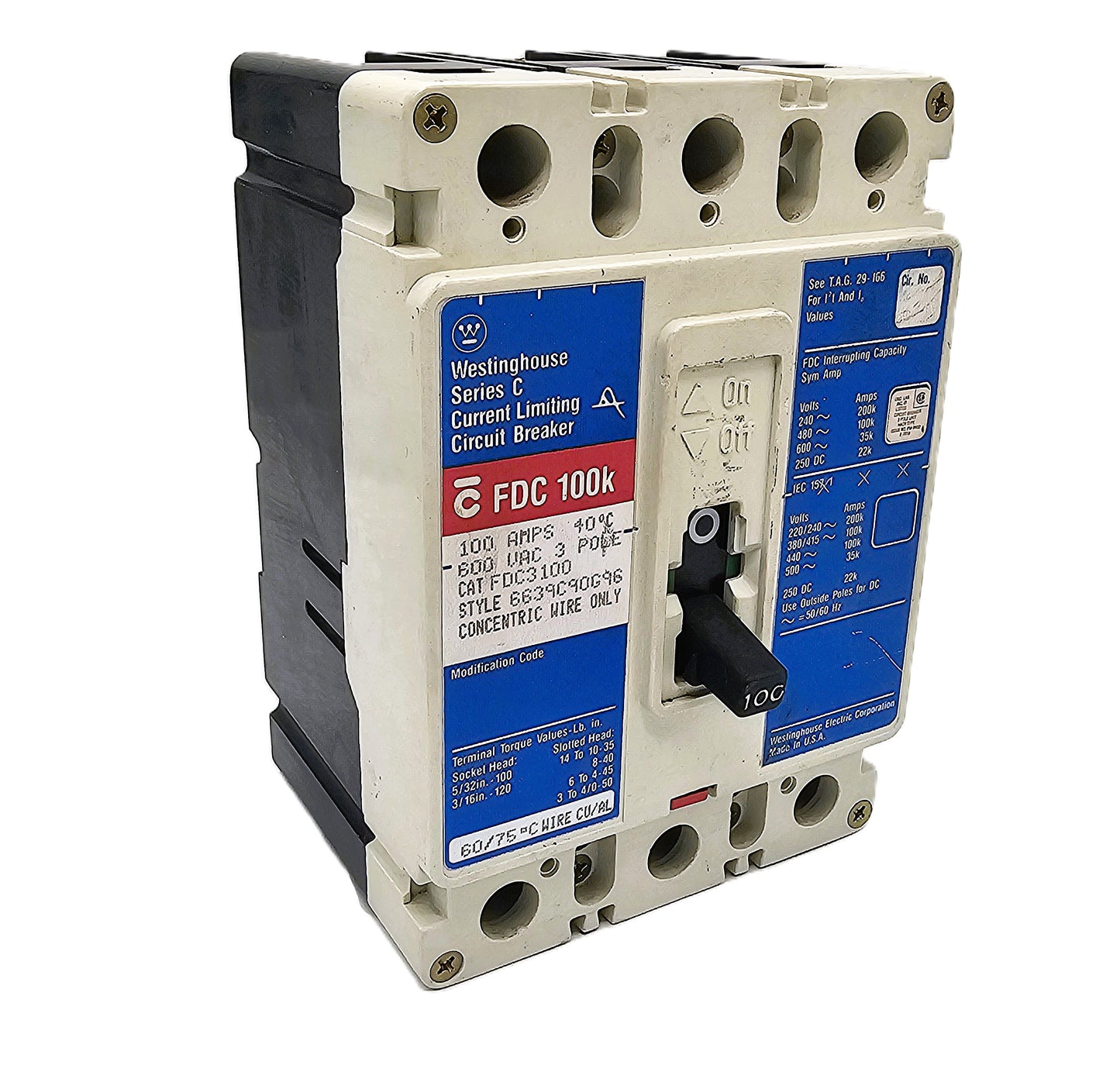 Westinghouse FDC3100 Series C Current Limiting Circuit Breaker 100Amps 3-Pole Bolt-On