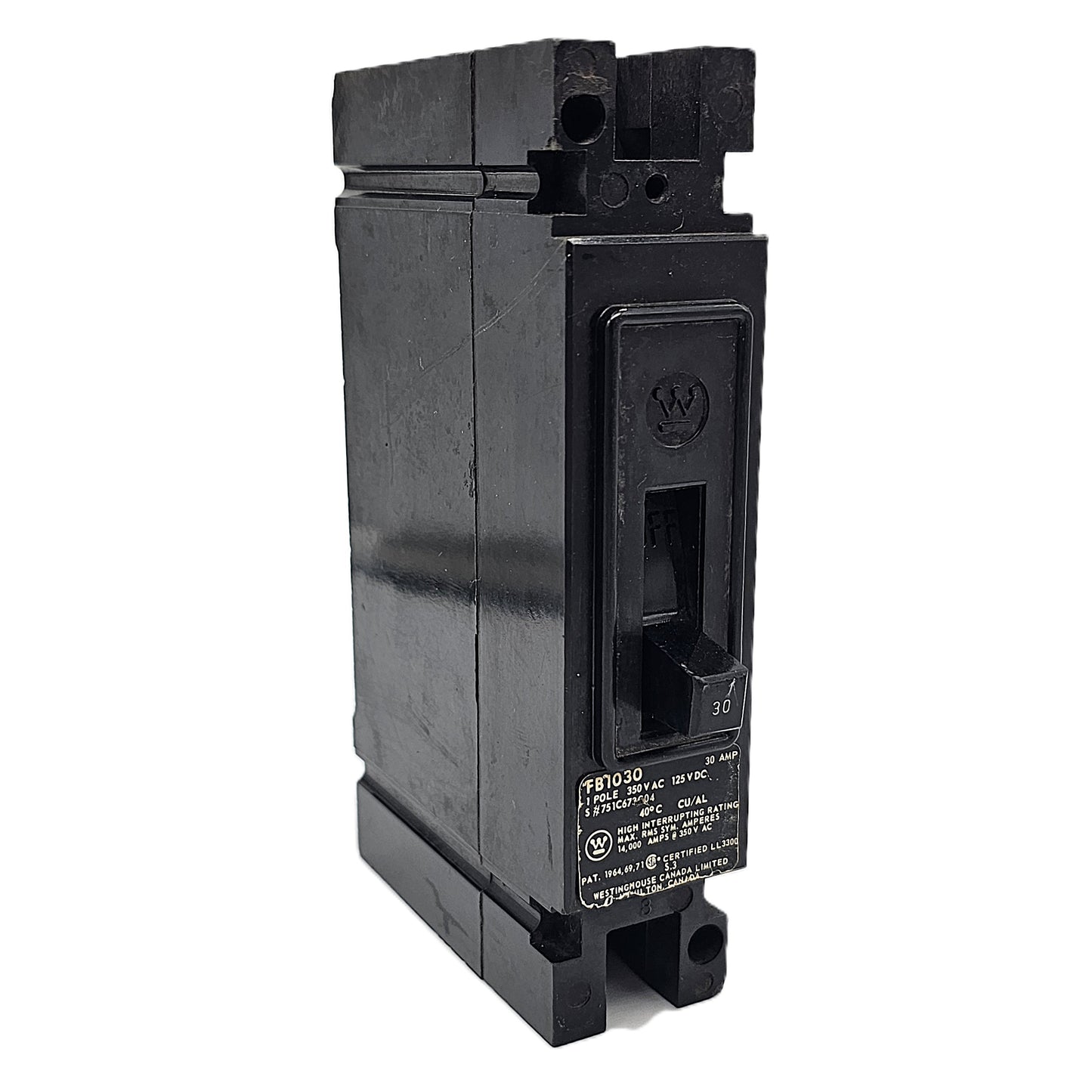 Westinghouse FB1030 Molded Case Circuit Breaker 1-Pole 30Amps 240VAC 125VDC Bolt-On